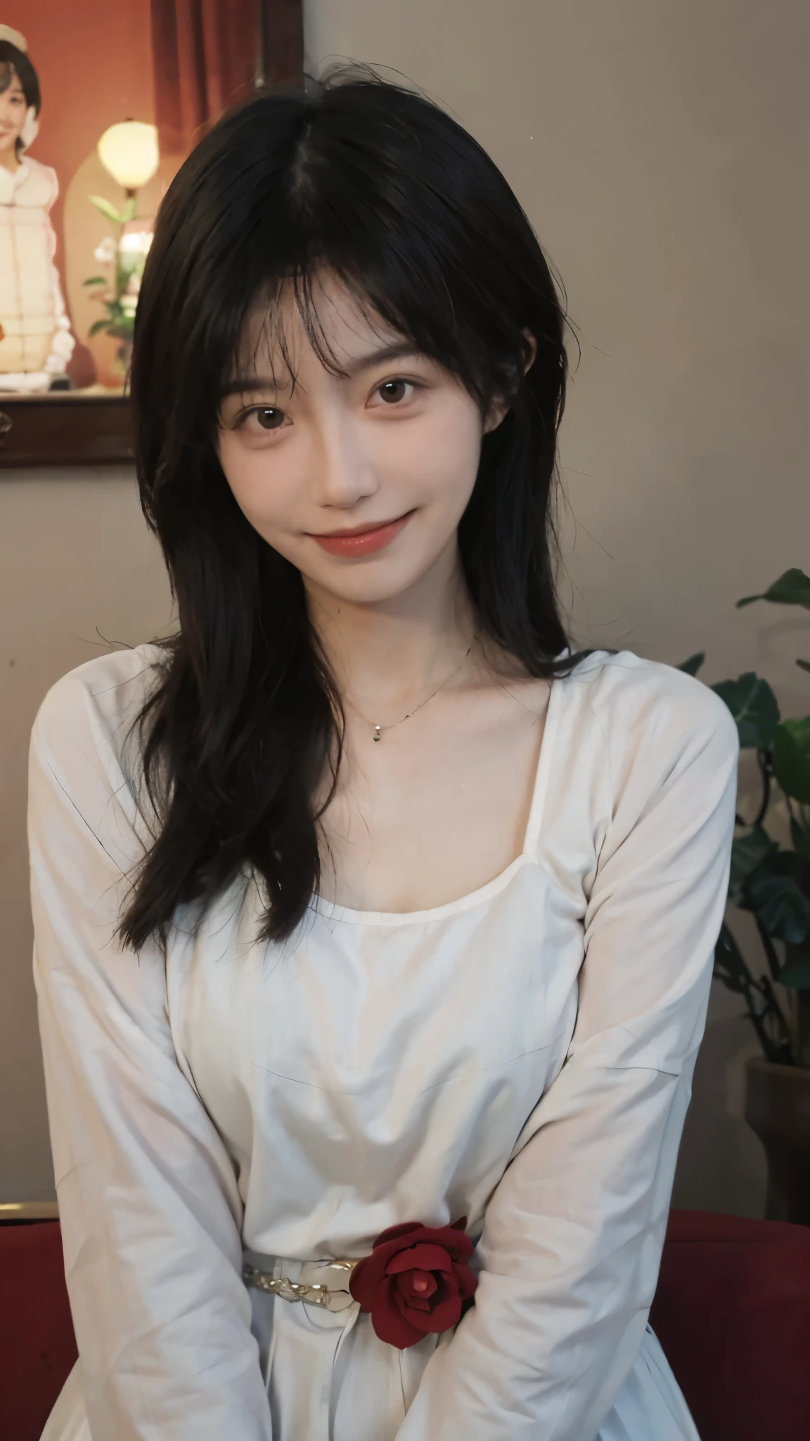 best quality， ultra high resolution， （realistically：1.4），cute hairpin，Baoyu Girl，European style apartment，A pair of clear and charming peach blossom eyes,Royal sister，The sun shines on the face，（Big breasts：1.4），Big wavy hairstyle，（necklace：1.2），（White skin：1.4），a sense of atmosphere，a beautiful girl， Smile，Looking directly at the viewer， (lifelike:1.4),1 girl,Sexy,(Upper body:1.4),(wet),(:1.2)