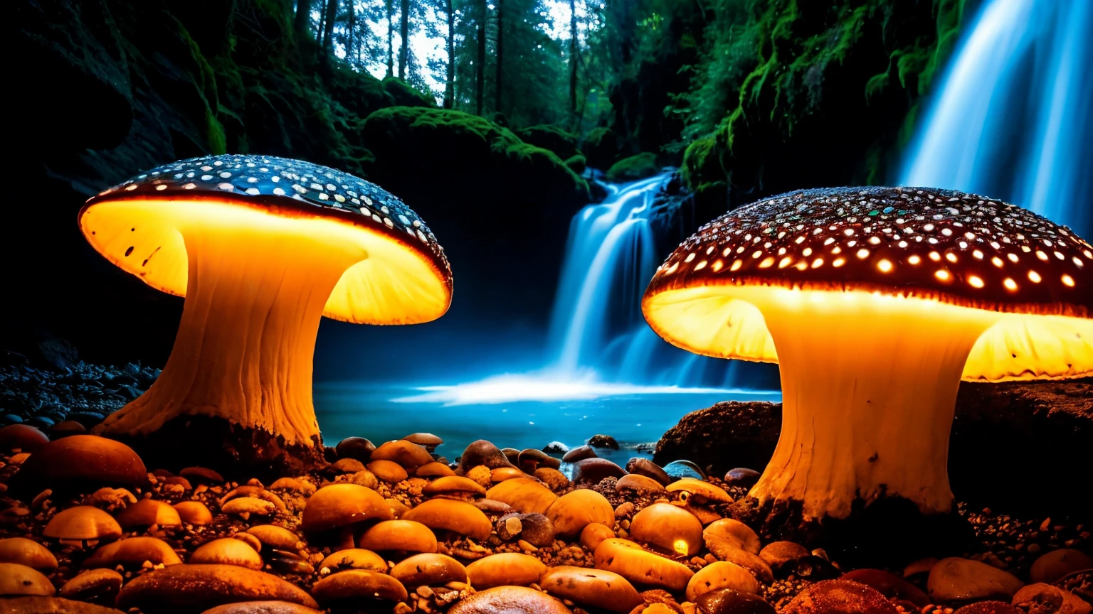 there are many lights on the rocks near the water, magical colors and atmosphere, magical landscape, glowing mushrooms, epic dreamlike fantasy landscape, giant fluorescent fungi, glowing blue mushrooms in mire, magical colors and atmosphere, impressive fantasy landscape, bioluminescent mushrooms, epic and stunning, magical environment, giant mushrooms, alien waterfall, glowing blue mushrooms