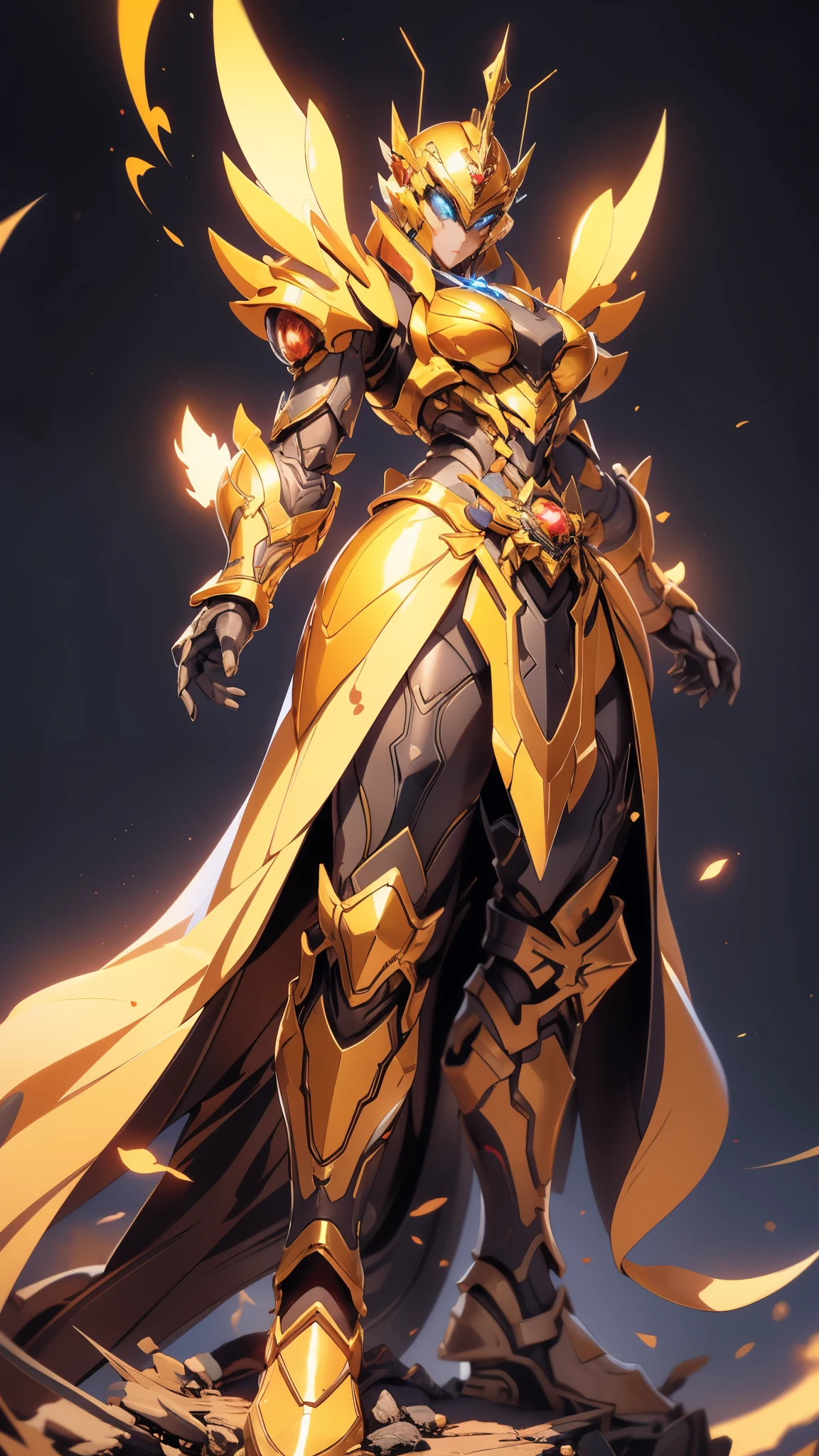 A woman adorned in fantasy-style full-body armor, a crown-concept fully enclosed helmet that unveils only her eyes, a composite layered chest plate, fully encompassing shoulder and hand guards, a lightweight waist armor, form-fitting shin guards, the overall design is heavy-duty yet flexible, ((the armor gleams with a golden glow, complemented by red and blue accents)), exhibiting a noble aura, she floats above a fantasy-surreal high-tech city, this character embodies a finely crafted fantasy-surreal style armored hero in anime style, exquisite and mature manga art style, (Queen bee mixed with Spider concept Armor, plasma, blood), ((Element, energy, elegant, goddess, femminine:1.5)), metallic, high definition, best quality, highres, ultra-detailed, ultra-fine painting, extremely delicate, professional, anatomically correct, symmetrical face, extremely detailed eyes and face, high quality eyes, creativity, RAW photo, UHD, 32k, Natural light, cinematic lighting, masterpiece-anatomy-perfect, masterpiece:1.5