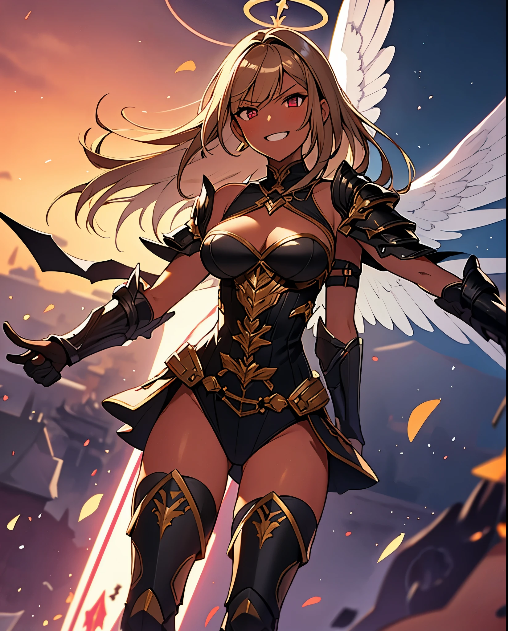 fantasy, 1angel_girl,, ,brown_hair, medium_bob_hair, long_bangs, halo,bare_shoulder,thighhighs,silver_armor, waist_armor, large_breasts,angry,grinning,open_mouth_teeth, 1pair_wings, dynamic_pose_fighting,floating, bare_crotch, headgear,gauntlet, greaves,city_sky_background,slightly_spread_legs, solo, groin_naked,dark_skin,