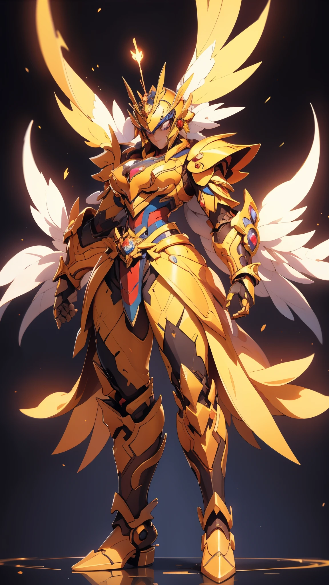 A woman adorned in fantasy-style full-body armor, a crown-concept fully enclosed helmet that unveils only her eyes, a composite layered chest plate, fully encompassing shoulder and hand guards, a lightweight waist armor, form-fitting shin guards, the overall design is heavy-duty yet flexible, ((the armor gleams with a golden glow, complemented by red and blue accents)), exhibiting a noble aura, she floats above a fantasy-surreal high-tech city, this character embodies a finely crafted fantasy-surreal style armored hero in anime style, exquisite and mature manga art style, (Queen bee mixed with Spider concept Armor, plasma, blood), ((Element, energy, elegant, goddess, femminine:1.5)), metallic, high definition, best quality, highres, ultra-detailed, ultra-fine painting, extremely delicate, professional, anatomically correct, symmetrical face, extremely detailed eyes and face, high quality eyes, creativity, RAW photo, UHD, 32k, Natural light, cinematic lighting, masterpiece-anatomy-perfect, masterpiece:1.5