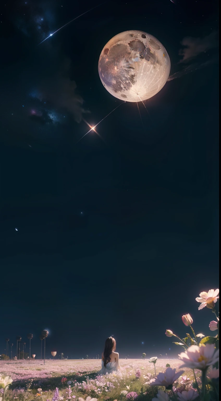 alone among flowers, View from bottom to top, Universe, galaxy, comet, full moon, Anime dinner, anime style,