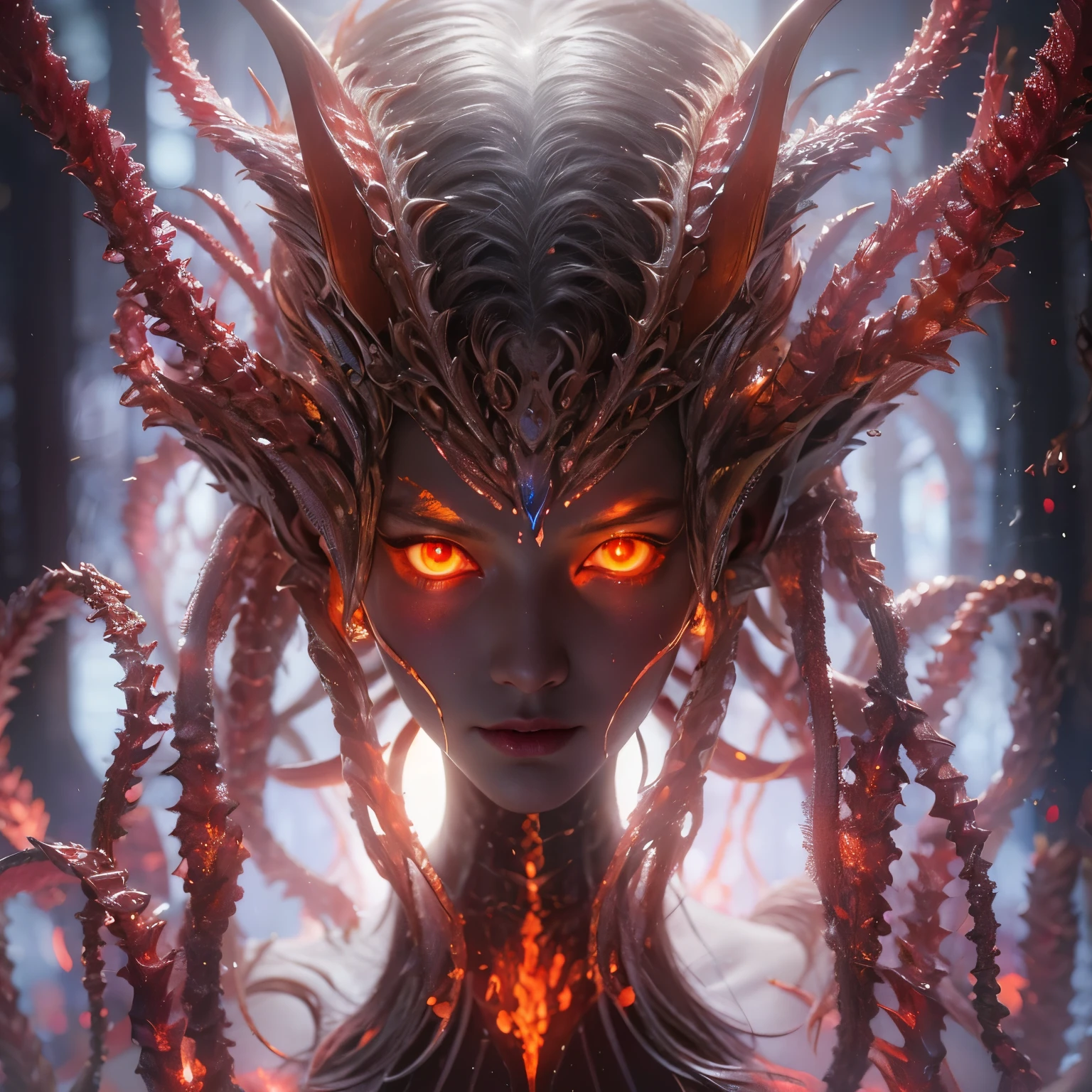 (1 female Alien: 1.2), With a beautiful, enchanting face, this alien seduces us with her allure. Her captivating red eyes gleam brightly, reminiscent of burning embers. Her full body is unlike any human's, boasting a sexy, otherworldly form. No humans are present in this scene as she stands alone, her cells fused in a unique and intriguing extraterrestrial way.
(extraordinary beautiful nude photo:1.4), (glowing red eyes:1.5), (sexy and glamorous:1.1), (coquettish expression:1.2), toned lean body,
Lots of iridescent tentacles adorn her body, shimmering under the dramatic lighting. Her pale skin, with a hint of translucency, adds to her ethereal allure. This masterpiece, rendered in 