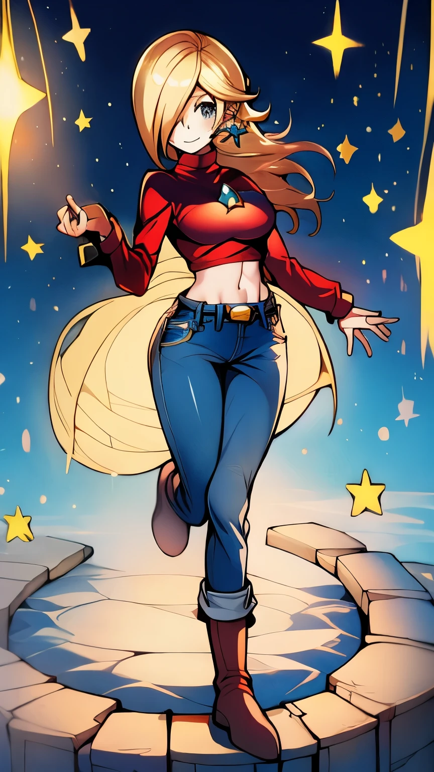 Rosalina, red top, jeans, boots, fingerless gloves, cute face