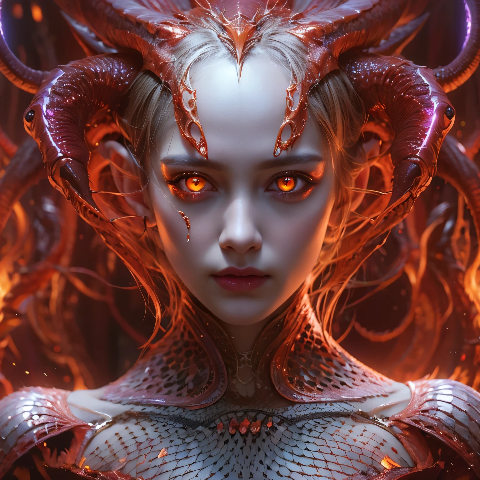 (1 female Alien: 1.2), With a beautiful, enchanting face, this alien seduces us with her allure. Her captivating red eyes gleam brightly, reminiscent of burning embers. Her full body is unlike any human's, boasting a sexy, otherworldly form. No humans are present in this scene as she stands alone, her cells fused in a unique and intriguing extraterrestrial way.
(extraordinary beautiful nude photo:1.4), (glowing red eyes:1.5), toned lean body,
Lots of iridescent tentacles adorn her body, shimmering under the dramatic lighting. Her pale skin, with a hint of translucency, adds to her ethereal allure. This masterpiece, rendered in