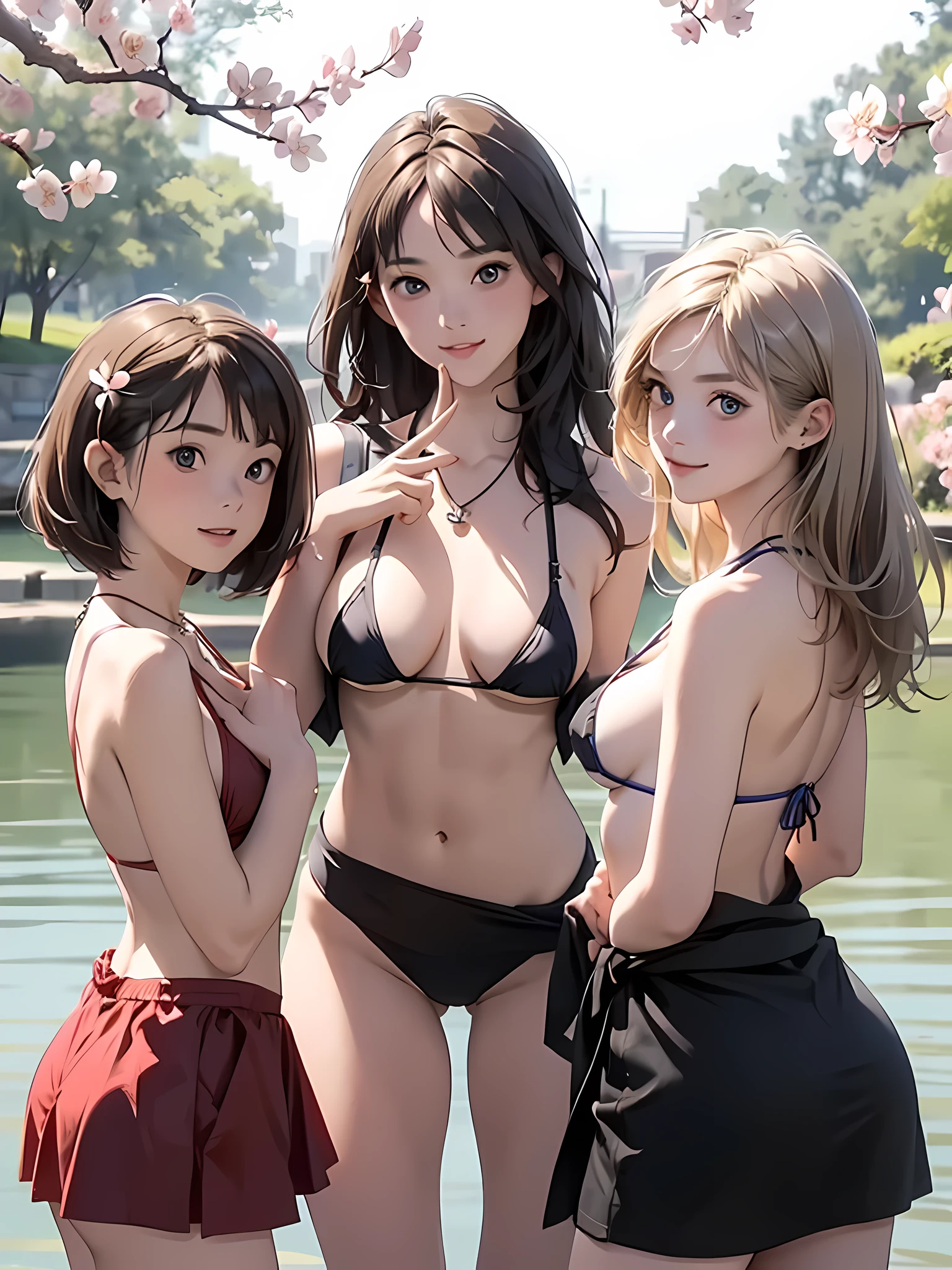 ((highest quality)), ((masterpiece)), (3 girls:1.3), Three cute girls are posing for the camera outdoors underwater, (lift your shirt),(cherry blossom micro bikini:1.3),(Strong midsummer sunshine),put your hand on your chest, (The wind flips my skirt), three people standing in a row, (Close-up shot from the waist up:1.3), (open your mouth and smile:1.3), ray tracing, (bubble butt:1.3), bend over, hair band, head band, hair bobble, (high resolution eyes:1.5), (High definition finger 1.5), light smile, realistic, Asian, Westerners, silver hair, brown hair, blonde, (belly button), jewelry, looking at the viewer, necklace, small breasts, long hair, short hair, (abs),