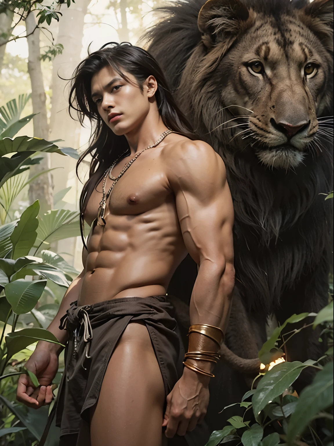 a guy in a loincloth with black hair stands leaning on a black lion against a jungle background