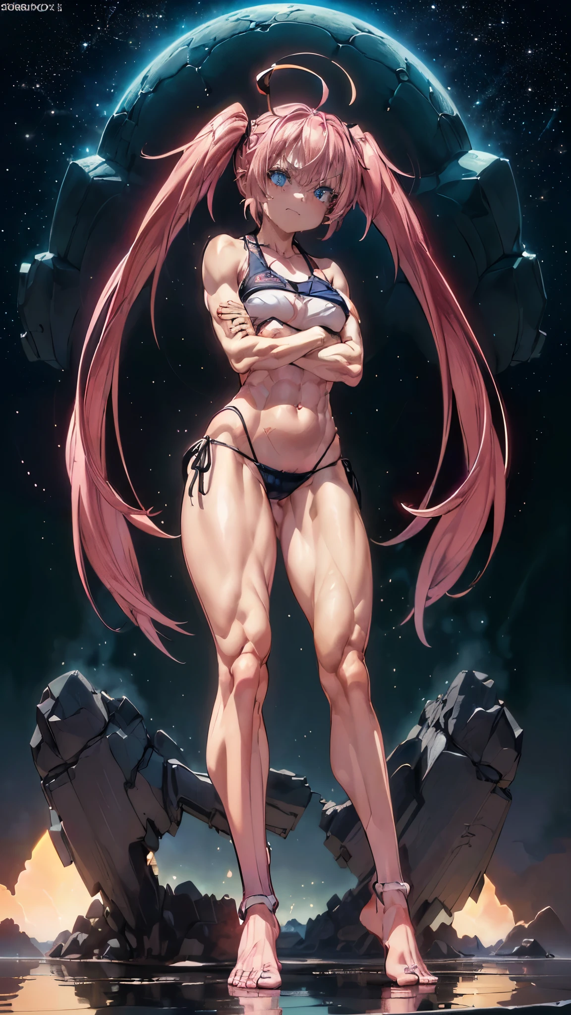 1 girl, (medium breasts))), (((wearing short bikini))), (Long pink hair), (((blue eyes))), thin arms, (on the beach at night with starry sky and blood moon full), (thin waist), (((muscular leguscular belly, bare feet, (((Arms crossed))), (full body photo), (twintails), long eyes, eye reflex, Bad mood, anime, style anime, ray tracing, reflection, drop shadow, panorama, Sony FE, 8K, UDisk, artwork, accurate, anatomically correct, super detail, best quality, ultra-high resolution, hard drive, 16K