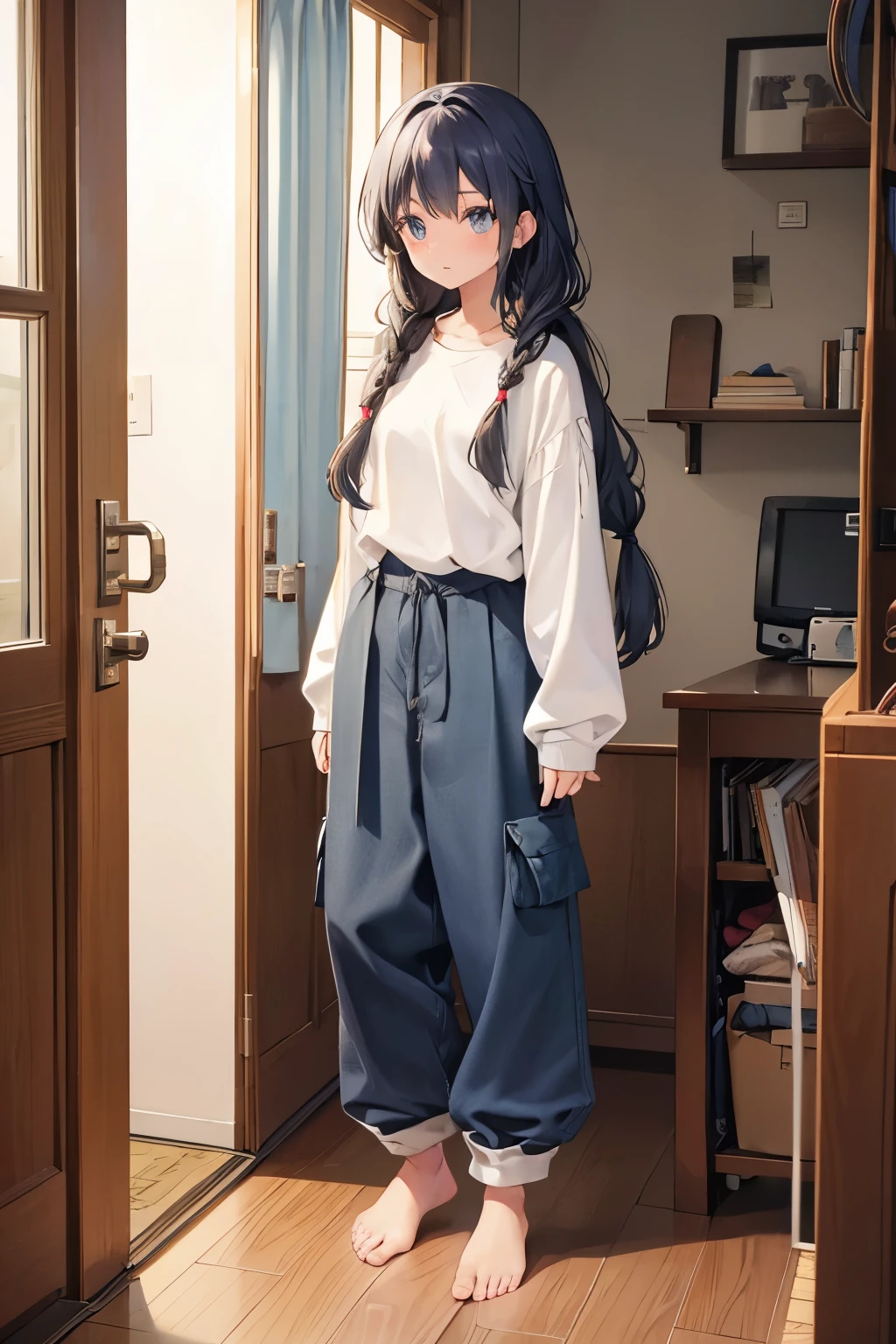 1 girl, long hair, braided hair, baggy pants, Moe sleeves, barefoot, Room wear, indoor