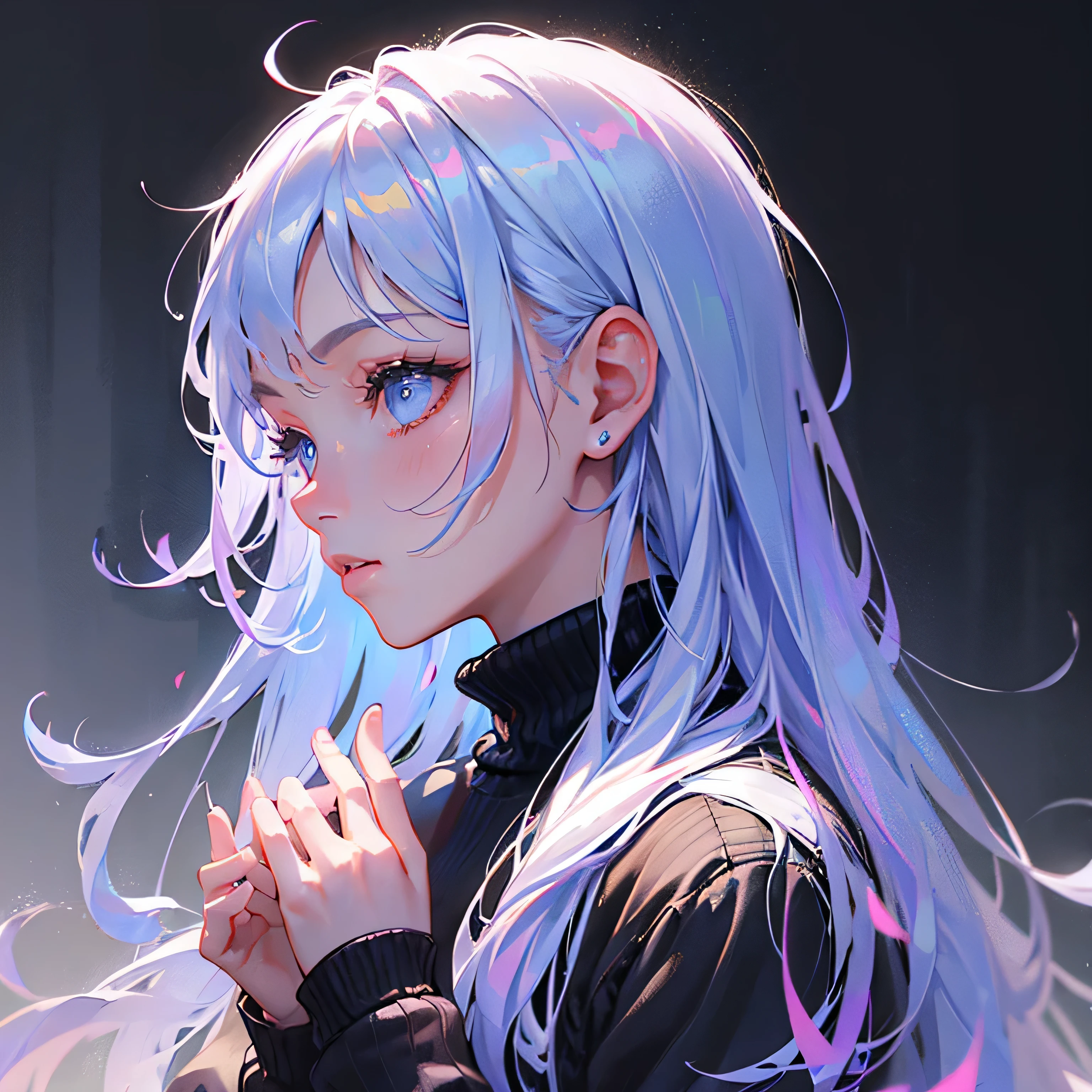 look in the mirror now, From the side, 1 girl, alone, Upper body, long hair, profile, please raise your hand, Put your own hands together, black background, long sleeve, red eyes, bangs, turtleneck