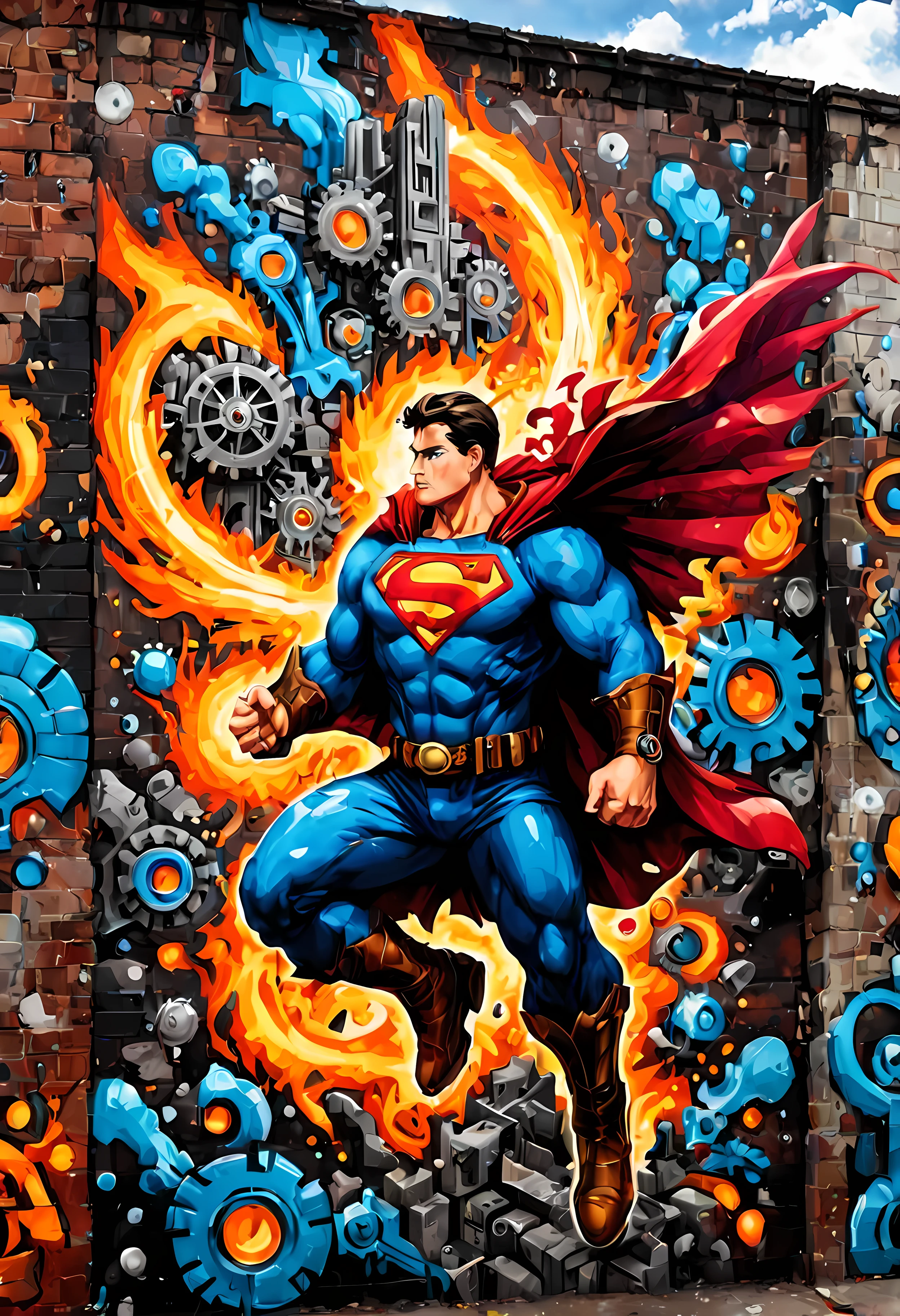 (pixel art:1.4), made of elemental_graffiti, design a mesmerizing ((((wall graffiti)))) featuring heroic Superman in a dynamic pose soaring through the skyline of a (futuristic) city, (steampunk fantasy style:1.3), gears, steam, whimsical machinery, bold and vibrant colors, cloudy, magic, clean nature environment, intricate details, symbols, abstract, realism, sharp focus, masterpiece in maximum 16K resolution, sharp details, elemental art, graffiti art. | ((More_Detail))
