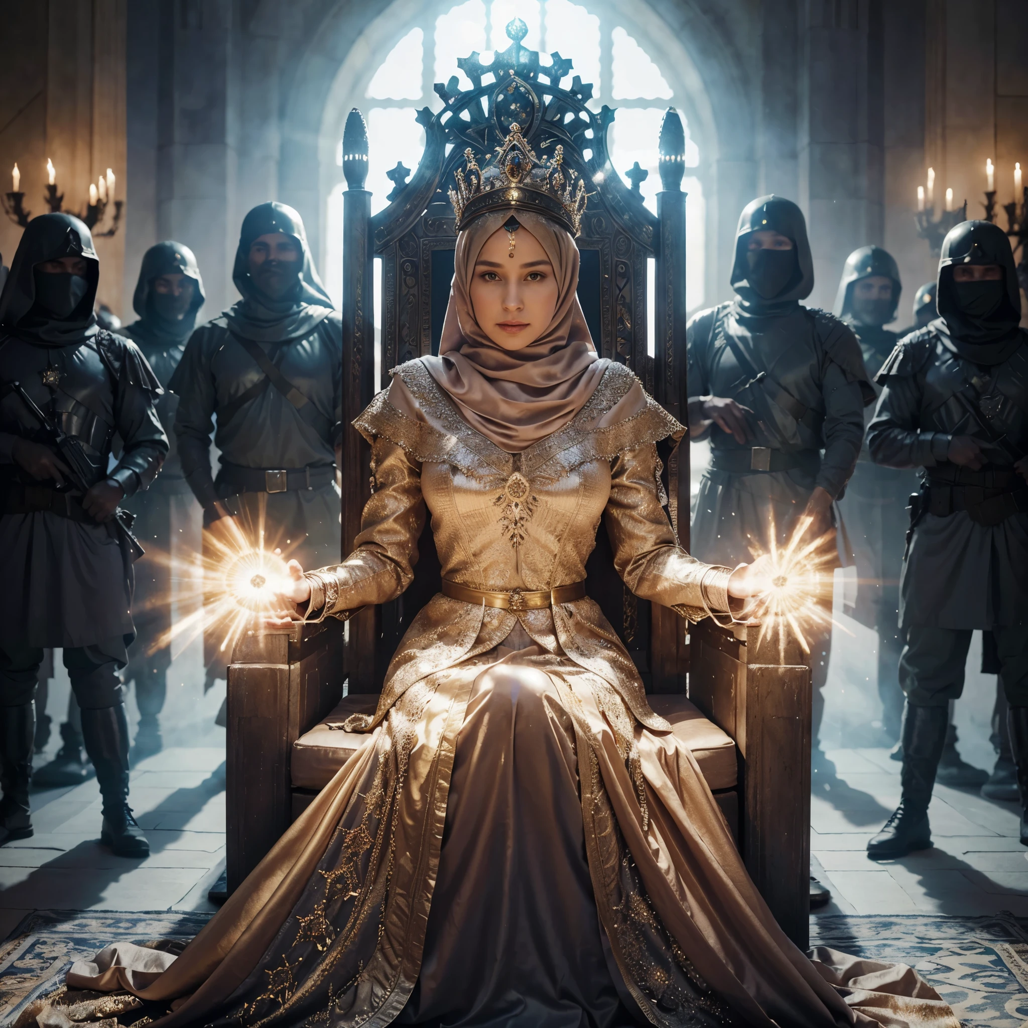 full body, realistic photo of the queen of a fantasy kingdom wearing a hijab and crown sitting on a throne chair, hands holding the power of light, surrounded by soldiers who faithfully guard her, with a magical face looking at the camera, in a magnificent royal palace, very realistic photo