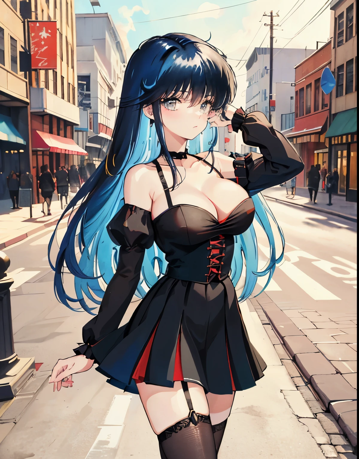 (masterpiece, high quality:1.2:), (vibrant hues:1.0), (Delicate and beautiful eyes),black miniskirt, Shoulder-cut V-neck top, (En Ayukawa, long blue hair), (huge breasts), thin waist, whole body, Looking up at the lens sky, stop, busy street, Red high heels and black stockings
