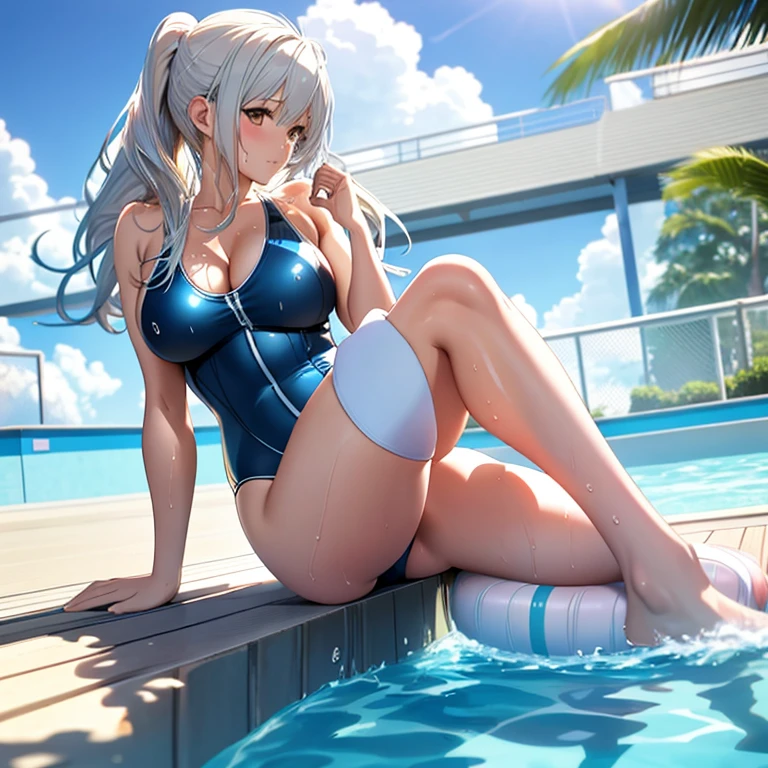 at the poolパドルを持っているswimsuitを着たアニメの女の子, is wearing a swimsuit, swimsuit, wet swimsuit, white haired tifa lockhart, swimsuit, realistic bikini, Highly detailed exquisite fan art, thick, marin kitagawa fanart, Hi-res price, in retro swimsuit, at the pool, swimsuit model, It's pixiv, perfect white haired girl