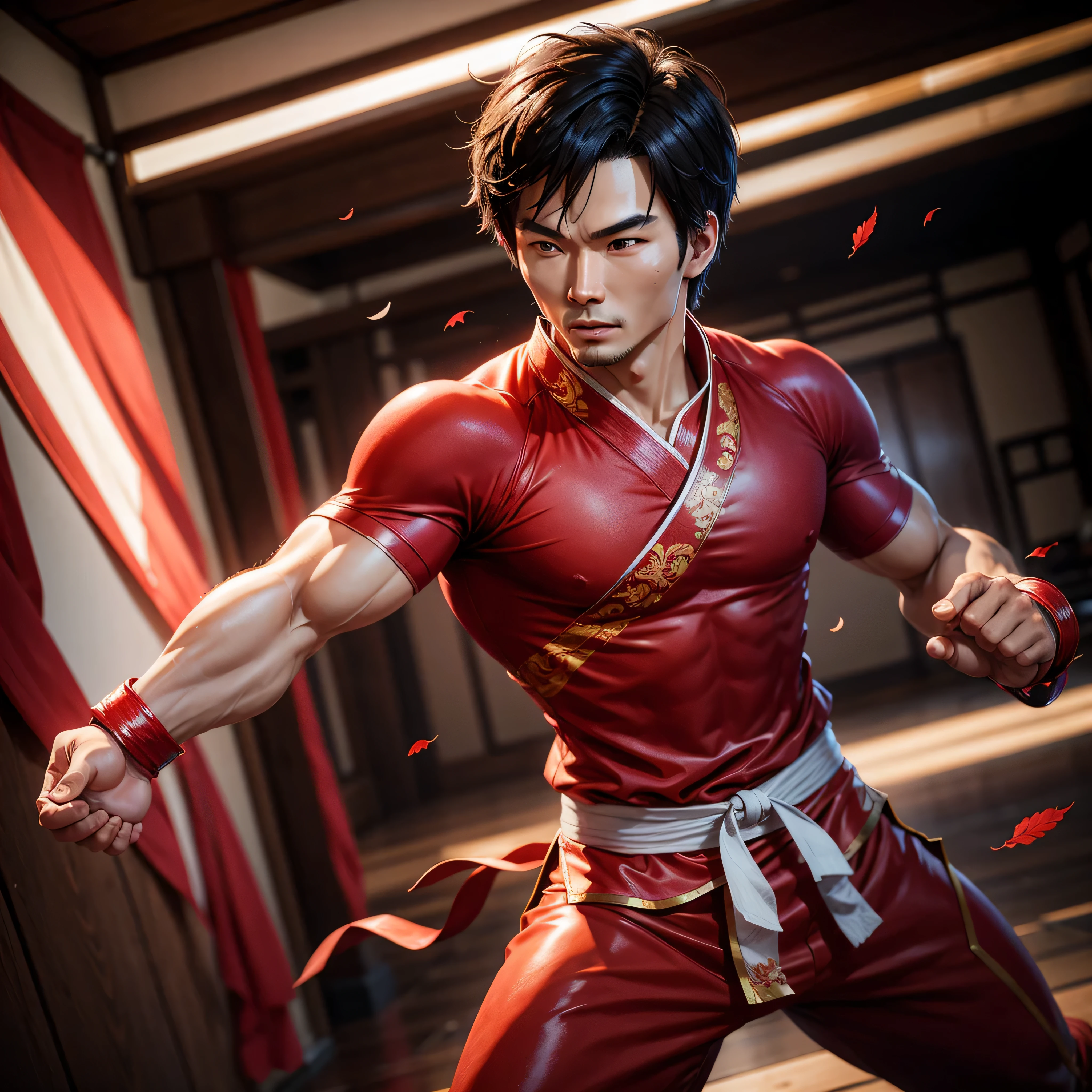 Chinese Guy Shang Chi_Super Hero, Karate pose, Red clothes, Chinese clothes, photo-realistic, octane render, unreal engine, ultra-realistic