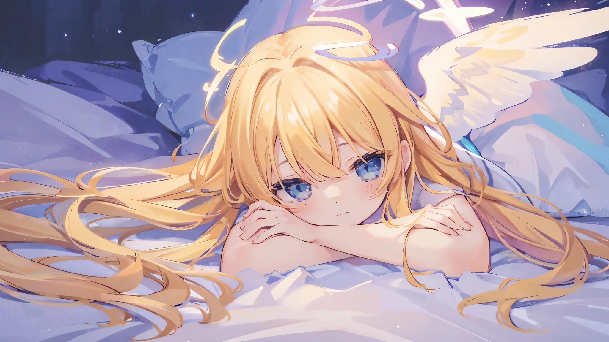 (best quality), (masterpiece), ultra-detailed, sparkling eyes,
bed background,
filo, blonde hair, blonde eyebrows, (blue eyes), angel wings, (ahoge), hair ornament, bangs, long hair, excited smile, blush, (embarrassed look),
(flat chest), ((laying down)), (((holding huge white egg))),
((short white nightgown)), blue bow,
<lora:Kizuki - The Rising of the Shield Hero - Filo:0.95>