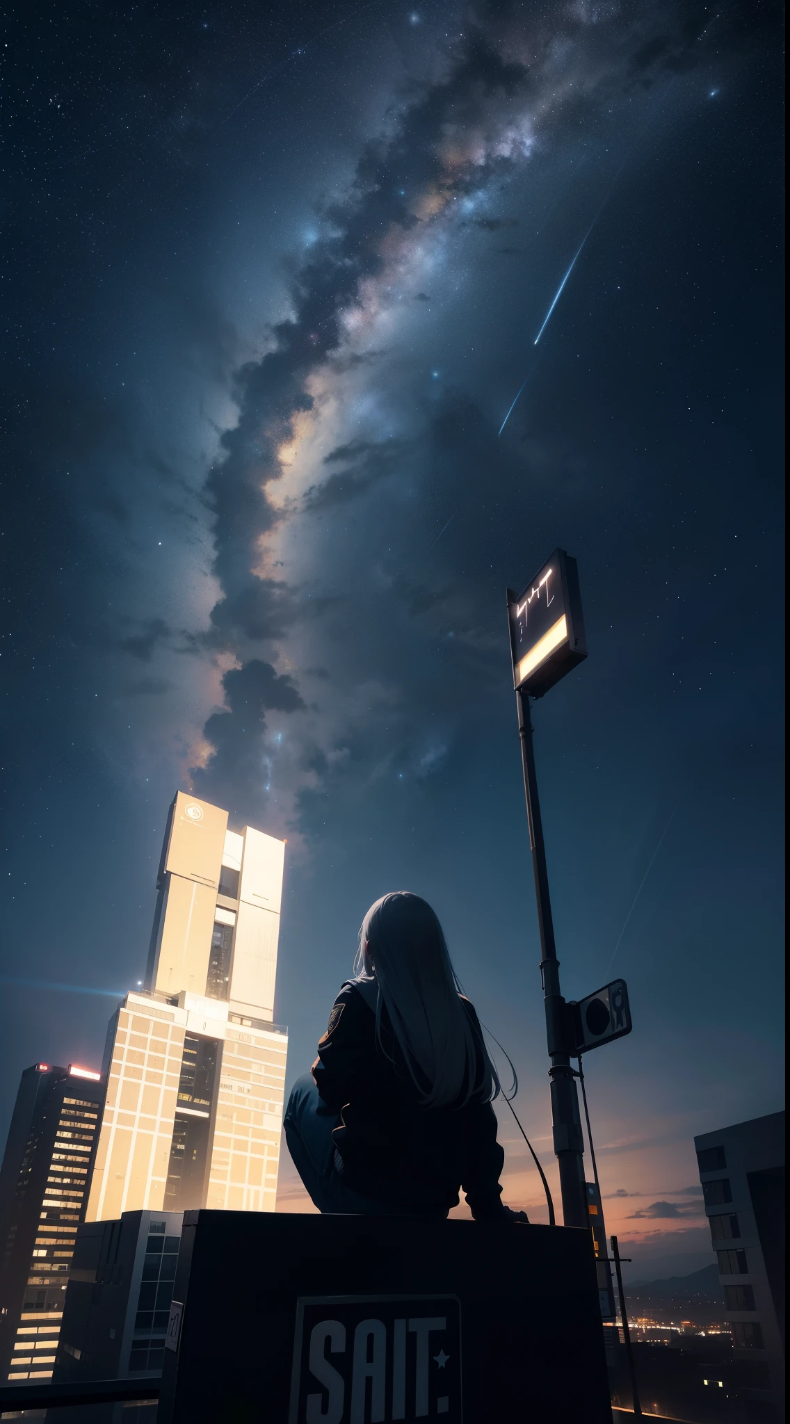 Octane number, Sky, Star (Sky), landscape, Starry Sky, night, only , night Sky, alone, outdoor, sign, building, cloud, Milky Way, sitting, tree, long hair, City, contour, Cityscape
