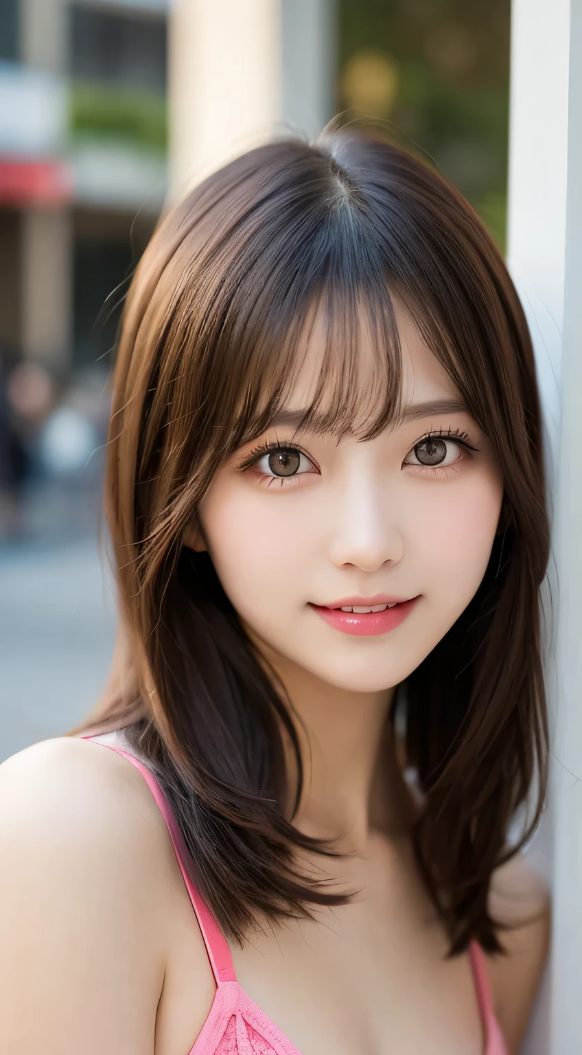 table top, highest quality, shape, Super detailed, finely, High resolution, 8k wallpaper, 完璧なダイナミックな構shape, finelyて美しい目, ladies fashion summer,medium hair,small breasts natural color lip, bold sexy pose,smile,Harajuku、20 year old girl、cute、sexy shot looking at camera