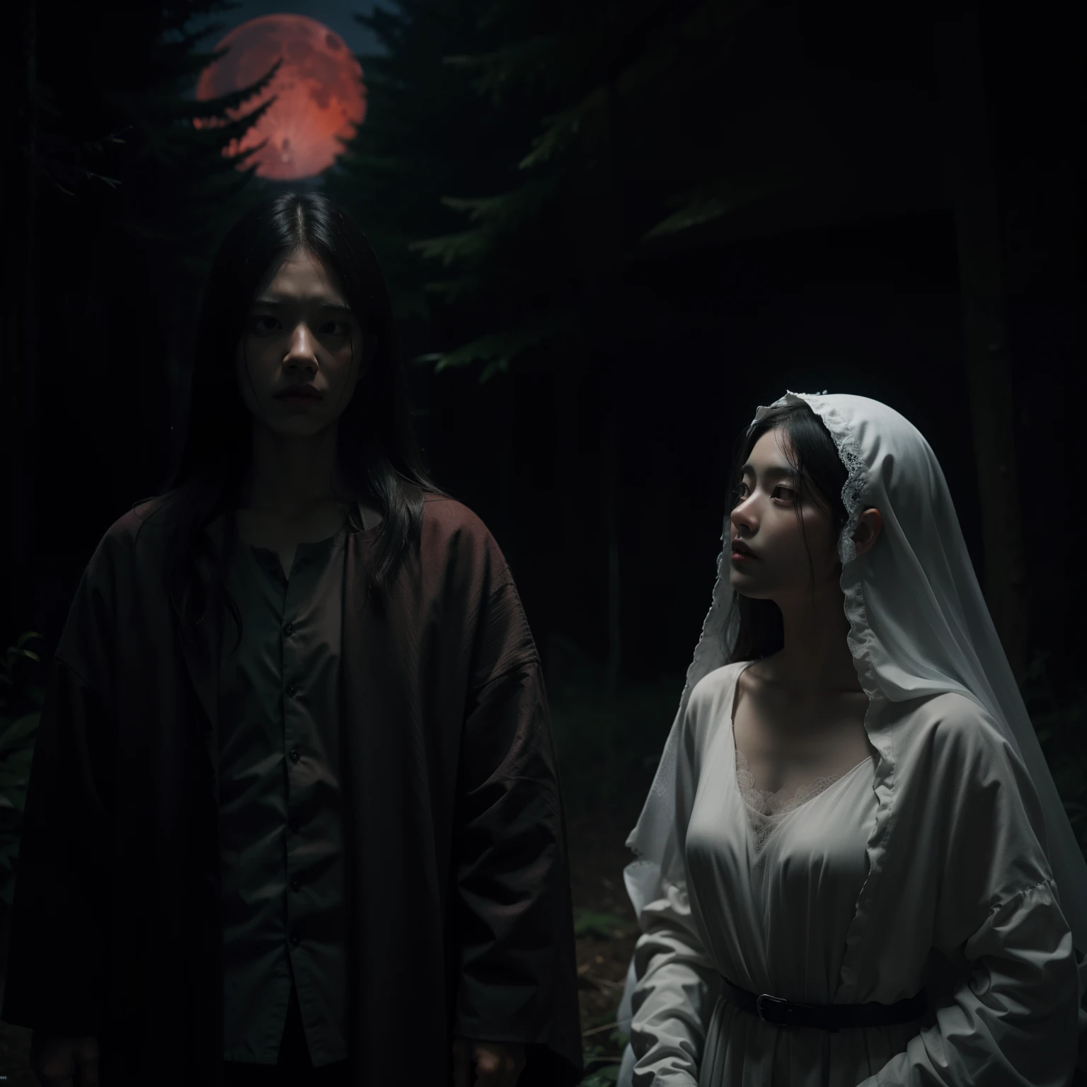 mound, Long night, Red Moon, ancient wind, deep in the forest, Light and shadow, darkness, Female ghost, Female ghost, Exquisite Horror Scary Bloody Tears Wounded Female ghost, fear, hell, abyss, devil's roar, realism, movie, CG, masterpiece