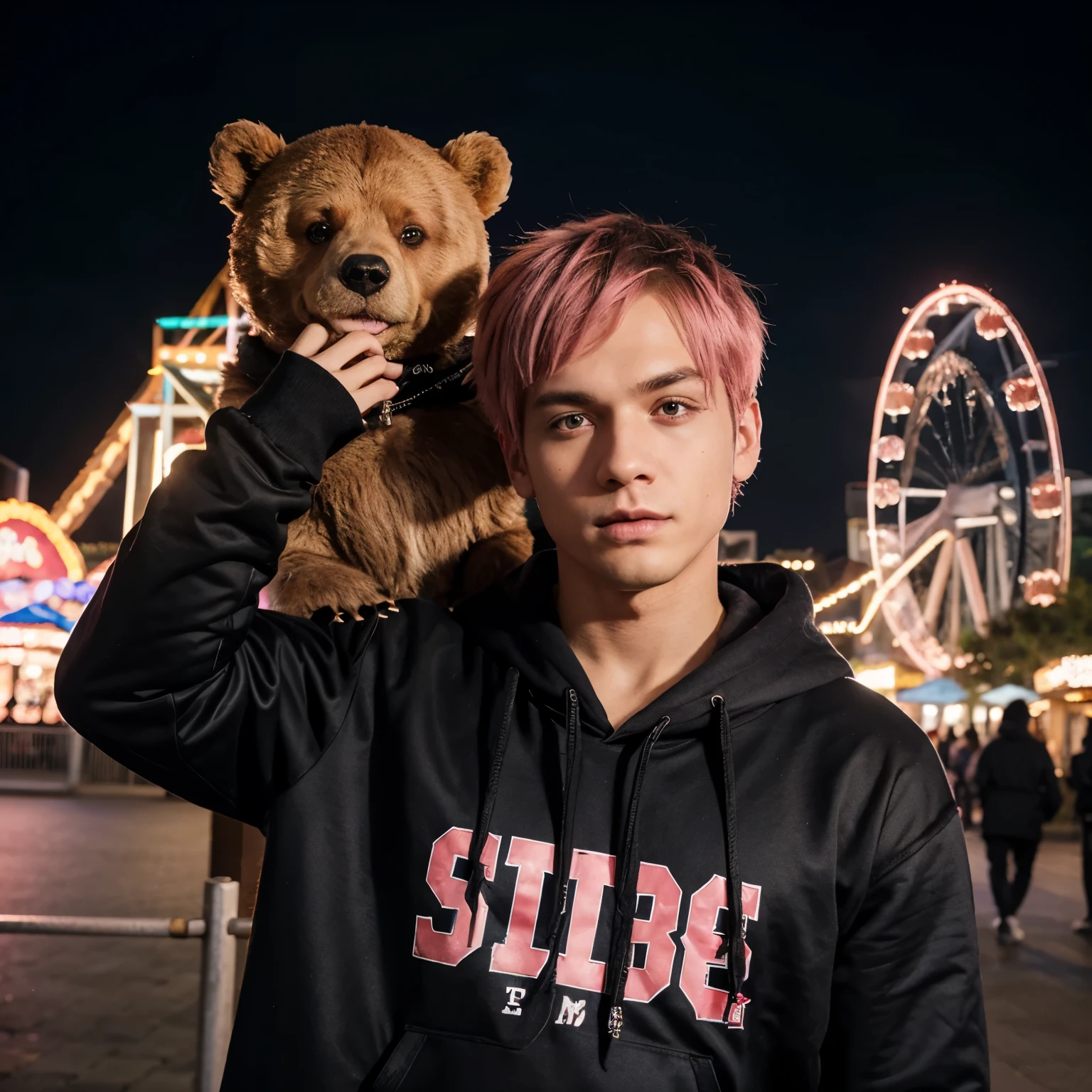 Best Quality, masutepiece), Amusement park, Short pink hair, pretty boy, symmetrically drawn eyes, Night on the front of the hoody says "TOGA" in shiny black, background features a bear