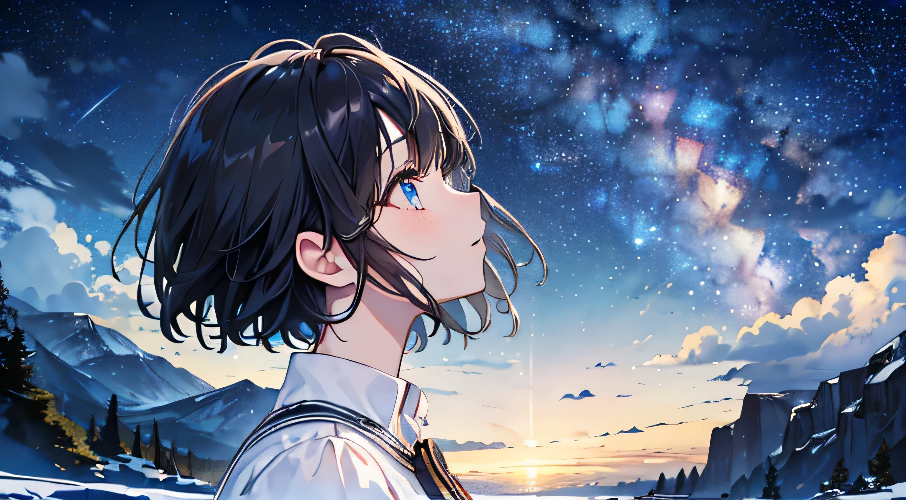 (masterpiece, highest quality:1.3), High resolution, (shape: 1.3), detailed beautiful face and eyes, (beautiful starry sky, fantastic scenery:1.2), fleeting girl, black hair short cut, look up at the sky,