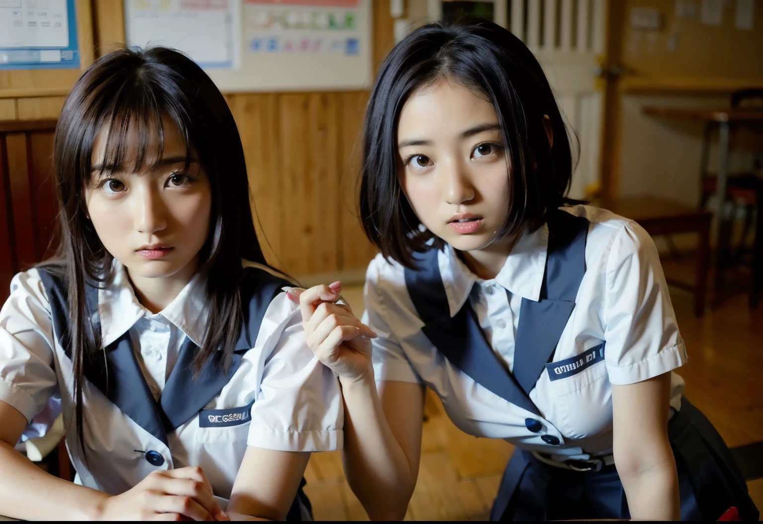 They are two young girls wearing school uniforms.、posing for a photo, Two Japanese female students posing, Still from the live-action movie, seifuku, Another close up of Iwakura, shikamimi, wearing Japanese school, yoshitomo nara and aya takano, Nam Jae Young, Japanese school, A scene from a live-action movie, twins