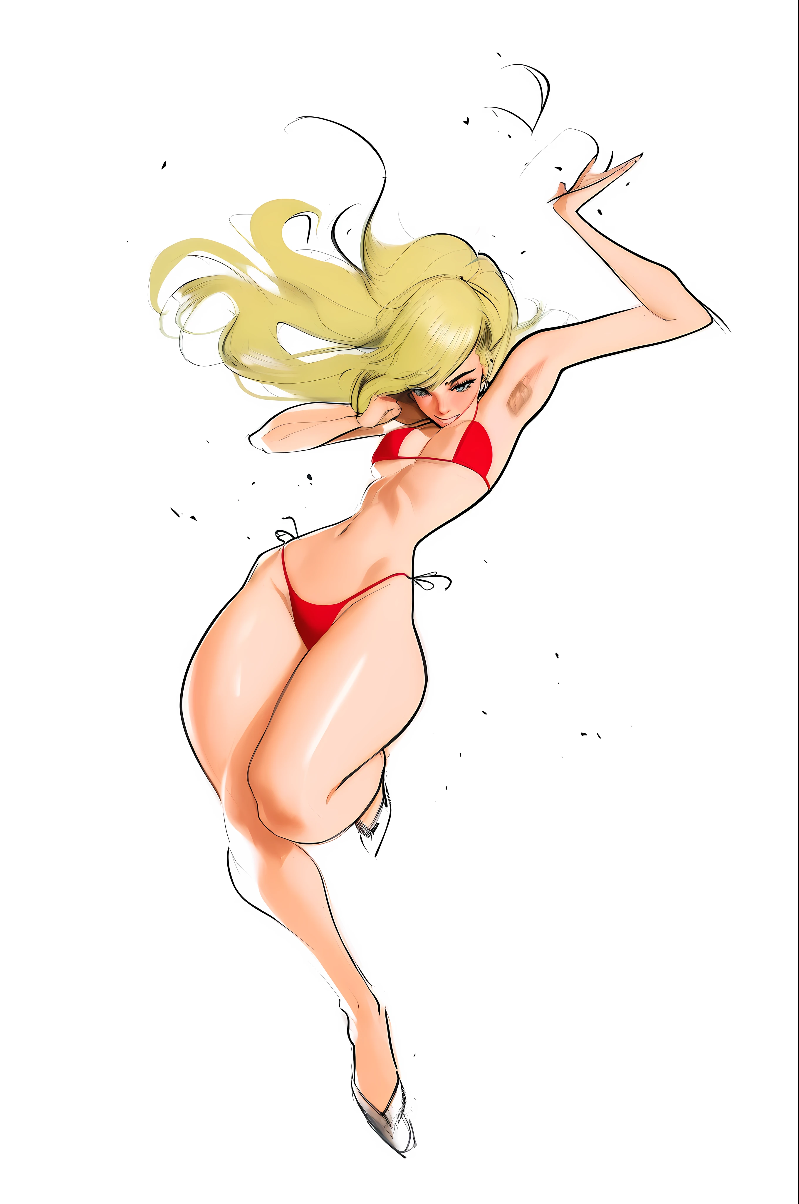 ((Samdoesart)), a drawing of a woman in a bikini jumping in the air, desenho colorido, pose de pin-up, corpo pin-up, character is in his dynamic pose, pose de estudo, Gesto de pose sexy Pudica, pintura extremamente detalhada, digital illustration, Pixar