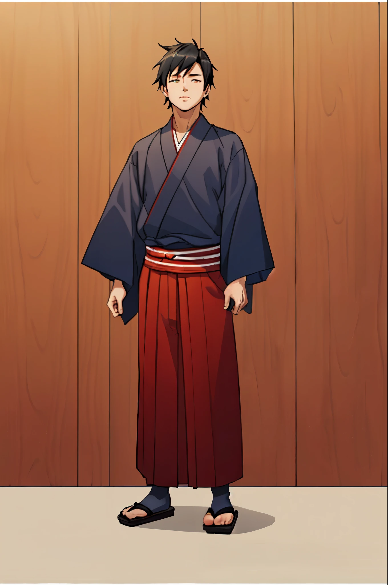 ((highest quality)), ((masterpiece)), (be familiar with), (male), (kimono), anime style, whole body, super short hair, shaved head, Are standing, kimono, Hakama, wearing tabi socks, Wearing geta, black hair, perfectly symmetrical face, highly detailed eyes, perfect hand shape, perfect foot shape, Perfect body balance,