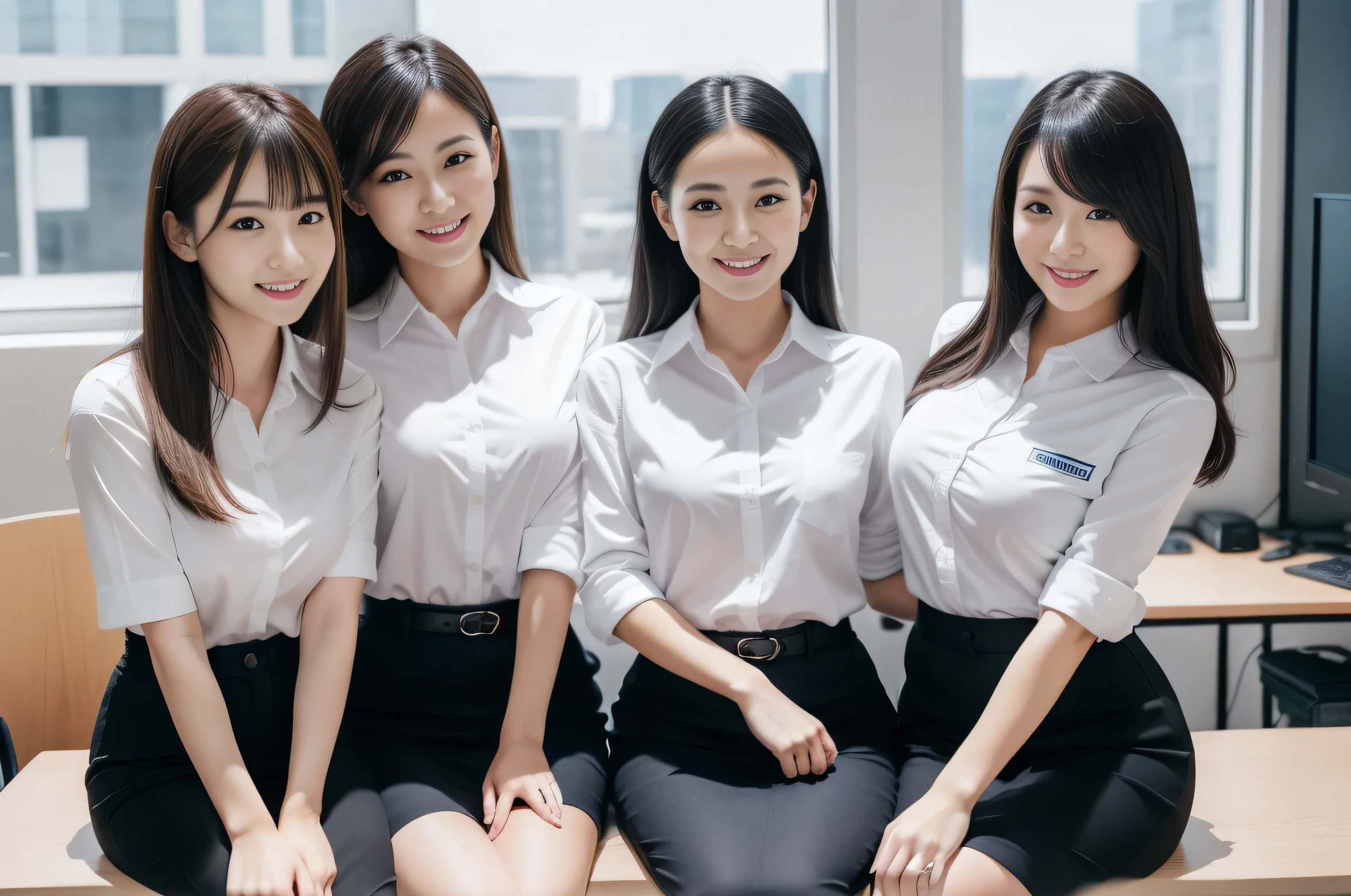 ((highest quality, 8k, View representative works in detail, ultra high resolution)), (group photo)(looking at the viewer), (full shot:), 魅力的なビジネス4 peopleの美女, 4 people, a little chubby:0.25, white collared shirt, black skirt, (Sitting cross-legged at an office desk)), smile, President&#39;s office,perfect proportions,black hair,long hair