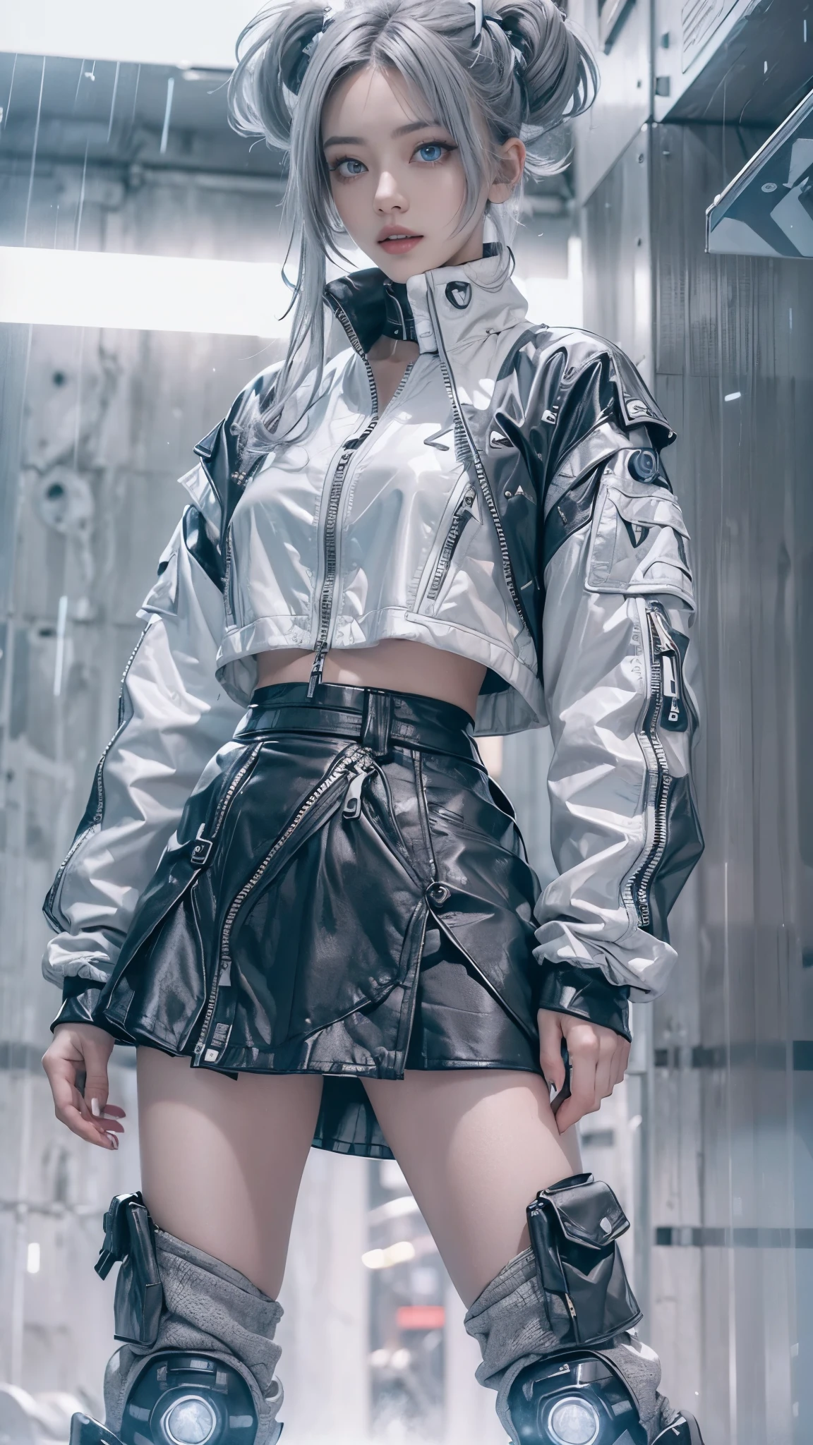 (anime:1.3), (all body shot, fashion portrait:1.6), ultra detailed, beautiful, masterpiece, best quality, _ BREAK (1girl:1.2), 22 years old, 160 cm, Japanese cute model, (Tightened all body, medium Breasts:1.4), small head, small face, diamond Face, small nose, Sharp Faceline, young hands and fingers, beautiful hands and fingers, five fingers, _ BREAK (Glossy Lips:1.3), (Light color lips, Half open mouth, beautiful Teeth:1.2), (dropy eyes, Double eyelid, light color eyes:1.4), _ BREAK (arranged hairstyle:1.3), (gray hair:1.3), _ BREAK (gray background:1.4), Fog, mist, _ BREAK (wide angle,all body shot:1.6), (standing:1.3), (cool model posing:1.4), (from front white lightning), BREAK (Geometric Cyber punk theme:1.6), (black and white theme:1.4), (turtle neck:1.2), (Soft nylon oversize Bomber jacket:1.5), (Wide, short, baggy jacket:1.2), (1/4 short Length jacket:1.2), (Wide hem:1.2), (Close the zipper:1.2), BREAK (A line:1.4), (low Waist casual A-line maxi skirt:1.4),(perfect and Detailed wear:1.4), (Cyber punk hi cut technical Sneaker:1.4), (A lot of cyberpunk accessories:1.4)