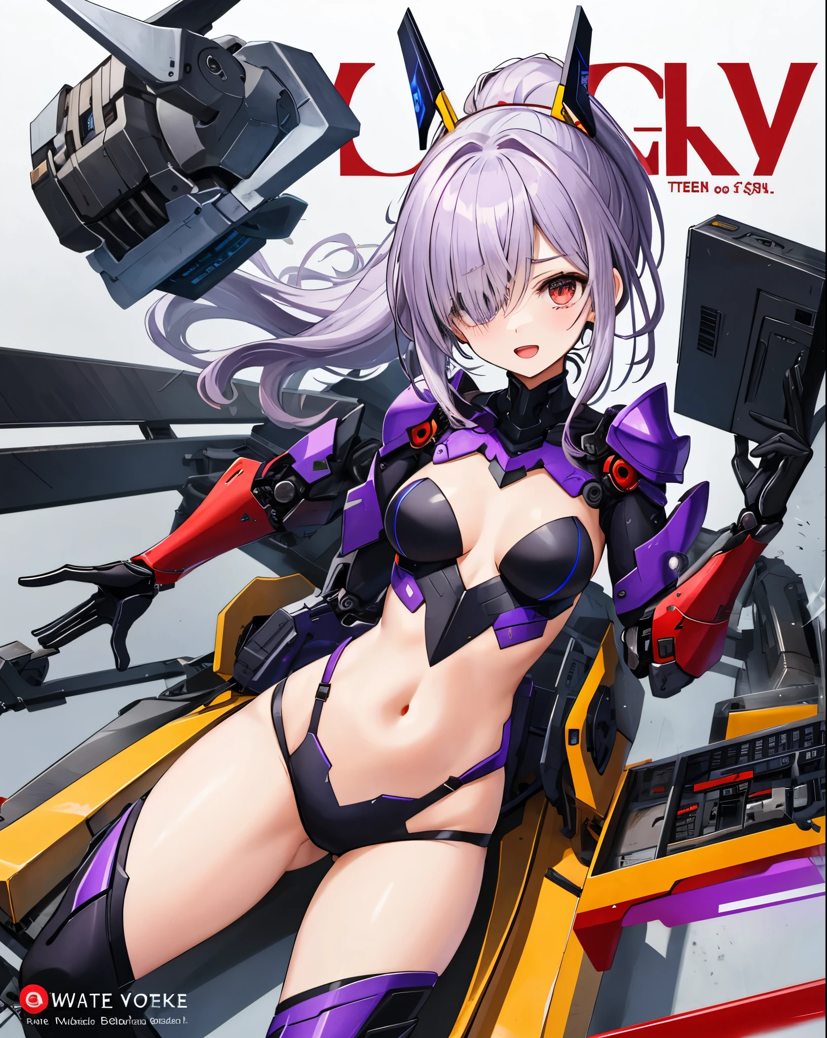 ,1girl,(teen:1.5), (short_ponytail:1.3), (light_whitish_purple_hair:1.3),black_mechanical_armor_parts,white_breasts_parts_red_black_body_suit,bare_shoulder,bare_slender_thighs,medium_breasts,on_the_desk, desk_background,Stinging_eyes,sleepy,thighhigh_greaves,gauntlets,dynamic_posing,bare_frank,metal_red_parts_armor,red_eye,solo,
fists,hold_weapon,glare,navel,large_mechanical_parts,happy,waist_armor,open_mouth,rise_legs,apart_legs, (covered_navel:1.3),(very_long_bangs:1.3), (hair_over_one_eye:1.5),(long_bang_covers_right_half_of_face:1.5),
(covered_pussy:1.1),covered_breasts,fighting,
