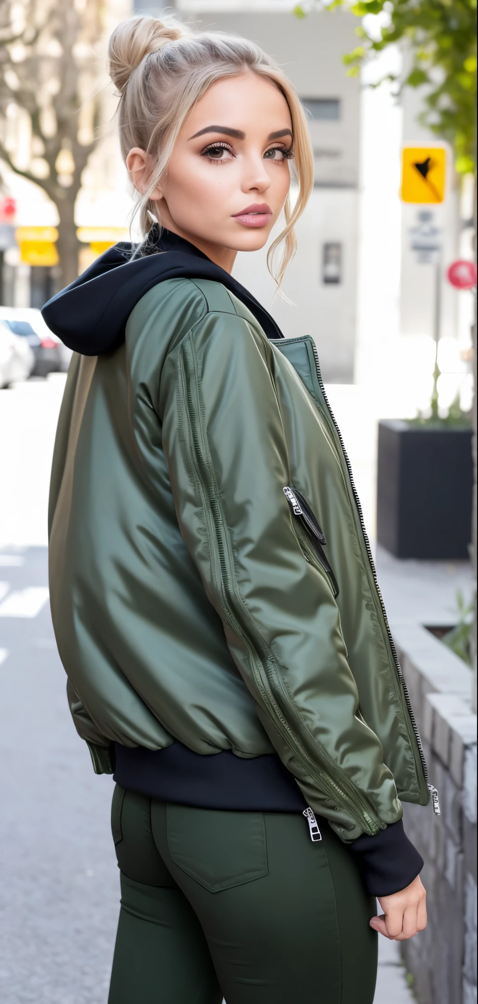 mulher arafada com uma jaqueta verde e capuz preto parada em uma rua, wearing a jaqueta bomber, green colored jaqueta bomber, jaqueta bomber, wearing dark green jaqueta bomber, vestindo jaqueta, jaqueta sobre o tronco nu, vestindo techwear urbano, vestindo uma jaqueta de aviador, fechar foto de meio corpo, Foto de perfil, fotografia de uma mulher techwear, vestindo jaqueta verde