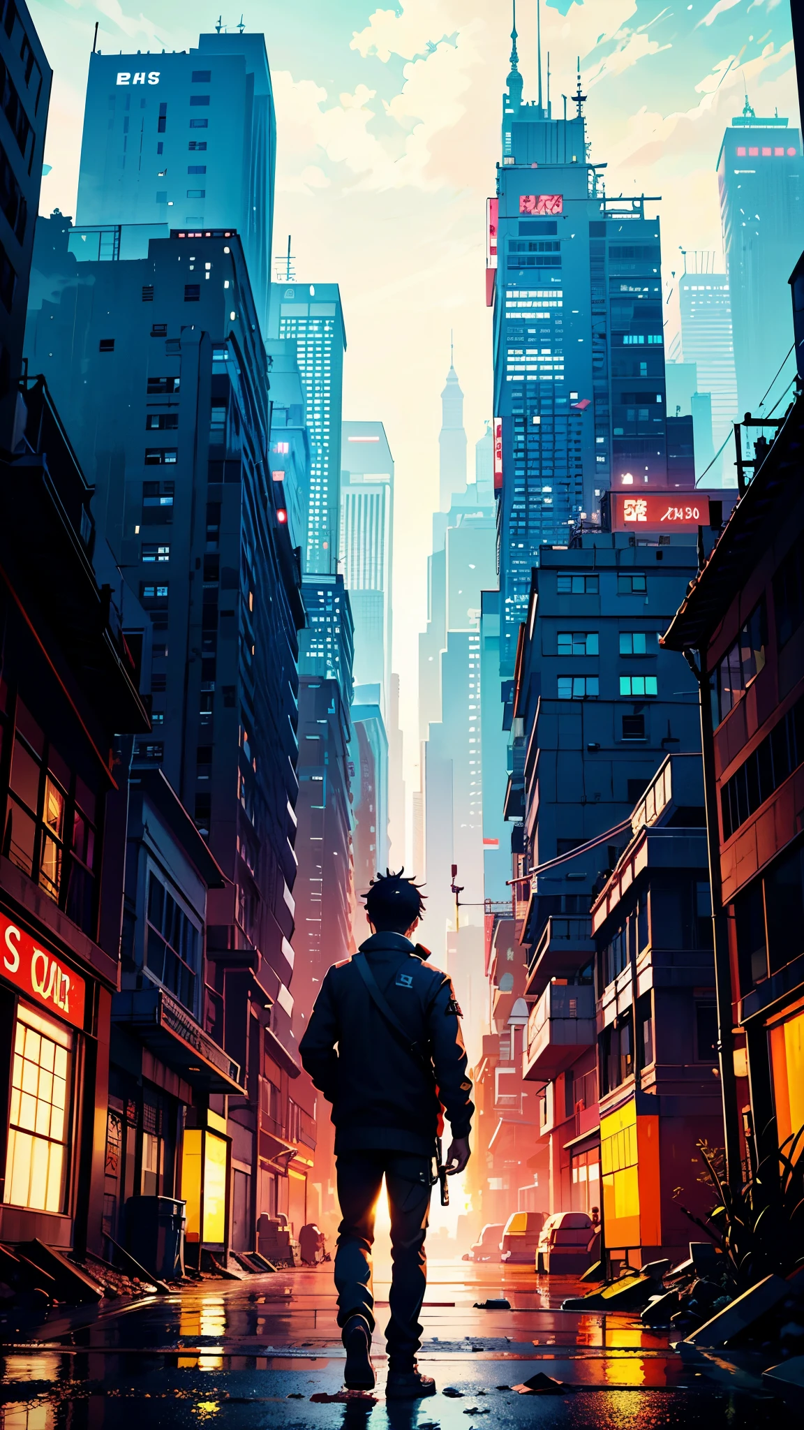1boy, boy、Cyberpunk Boy、machine gun、aiming at viewer,Spiky hairstyle、Whole body bloody、Back lighting,The beginning of the adventure、Lots of clouds,heavy fog、Chaotic city of the future、ruined and devastated city、dystopian、A very complex group of Chinese buildings stands in the center、Highly complex Chinese buildings、Dim lighting、puddles、Chaotic landscape、Beautiful and fantastic scenery、Cinematic scenery、hightquality、masutepiece,8K、hight resolution、ultra-detailliert,