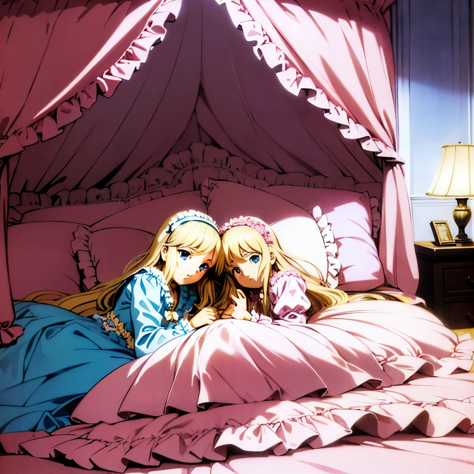,highest quality, masterpiece, highest resolution, artwork, super それにget used to it, many get used to it, get used to it, それにget used to it, 3K anime illustration,(( 10 year old girl)),Super detailed baby face,high quality small face,long blonde hair that grows to the waist,blue eyes,白い肌のeuropean,pajamas, european,(((super long blonde hair))),curly hair,blue eyes,((((ピンクのロリータファッションのlong skirtのワンピースドレス)))),((Pink dress with lots of frills and ribbons)),((Luxurious headdress with frills and ribbons)),detailed headdress,,(((big yoke collar))),Yoke collar with ruffles and ribbons,((((long sleeve)))),ruffle sleeves,((((long skirt)))),white ruffle and lace socks,large frill and ribbon pillow,(((Nice pink outfit))),豪華なcanopy bedの上,canopy bed,The bed is surrounded by luxurious curtains,many frilly pillows on the bed,Behind the girl are many pink frilly pillows,super detailed background,detailed bed,soft pink comforter,Highly detailed soft ruffle pillow,Beautiful girl illustration,detailed beautiful face,fine hair,detailed eye ,detailed eyes,detailed mouth, arm details,fine hands,Detailed pillow,wide bed,Illustration on the bed, ,((((round futon)))),((((A large ruffled futon that covers the entire bed)))),detailed comforter,detailed bedシーツ,Soft bed,Before bedtime,romantic atmosphere,palace bedroom,((((The lower half of the body is hidden under the futon and the puffy skirt....)))) The girl is leaning on a pile of pillows, ,((((round futon)))),((((A large ruffled futon that covers the entire bed)))),