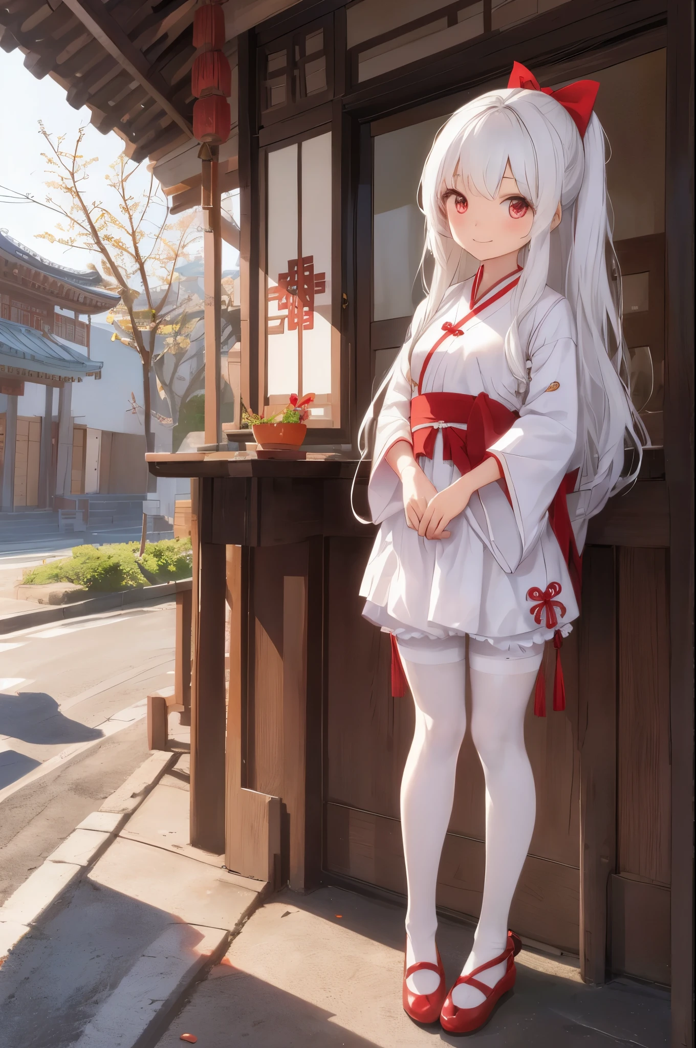 east asian architecture,a little girl,sweet smile,long hair,Han Chinese Clothing,white_hair,red_eyes,hair_bow,cross necklace,white pantyhose,mary_janes,