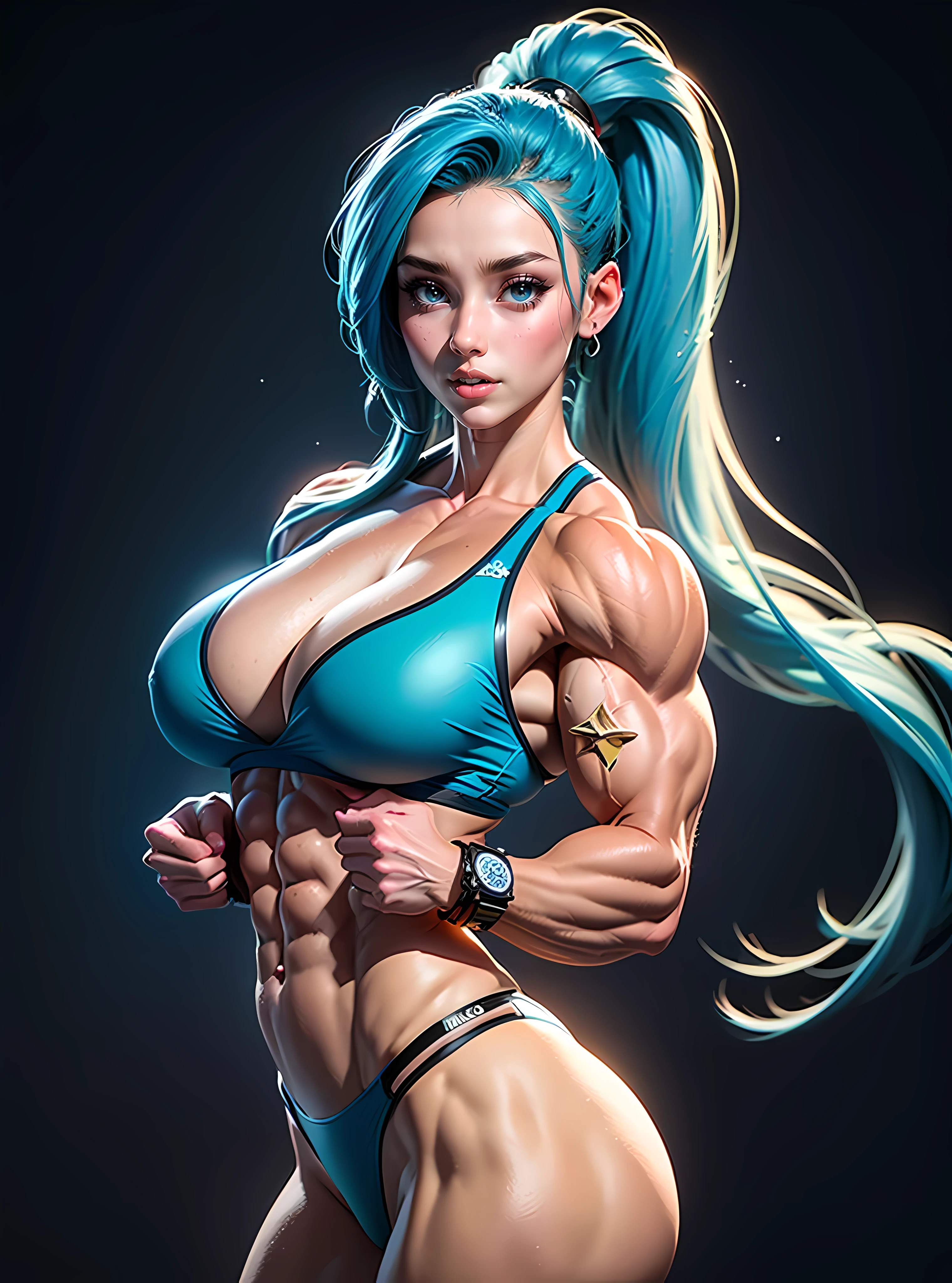 (((((Massive Female Bodybuilder))))), , , 
((((Muscular Quadriceps)))), , , 
((((Huge breasts)))), , , 
1, , ((Best Quality)), ((Masterpiece)), ((Realistic)) and ultra-detailed photography of a girl with goth colors. She has ((turquoise hair)), wears a (small black micro-thong:star motif ) , ((beautiful and aesthetic)), muscular fit body abs, sexy, under-, hot, (star filled sky background) (clear background:1.35), (particles ,firefly, blue glowing):1.3,