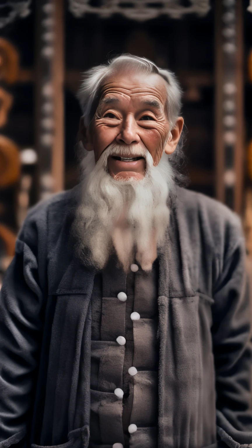 an old man,wearing robe,facing the camera,The expression is very friendly