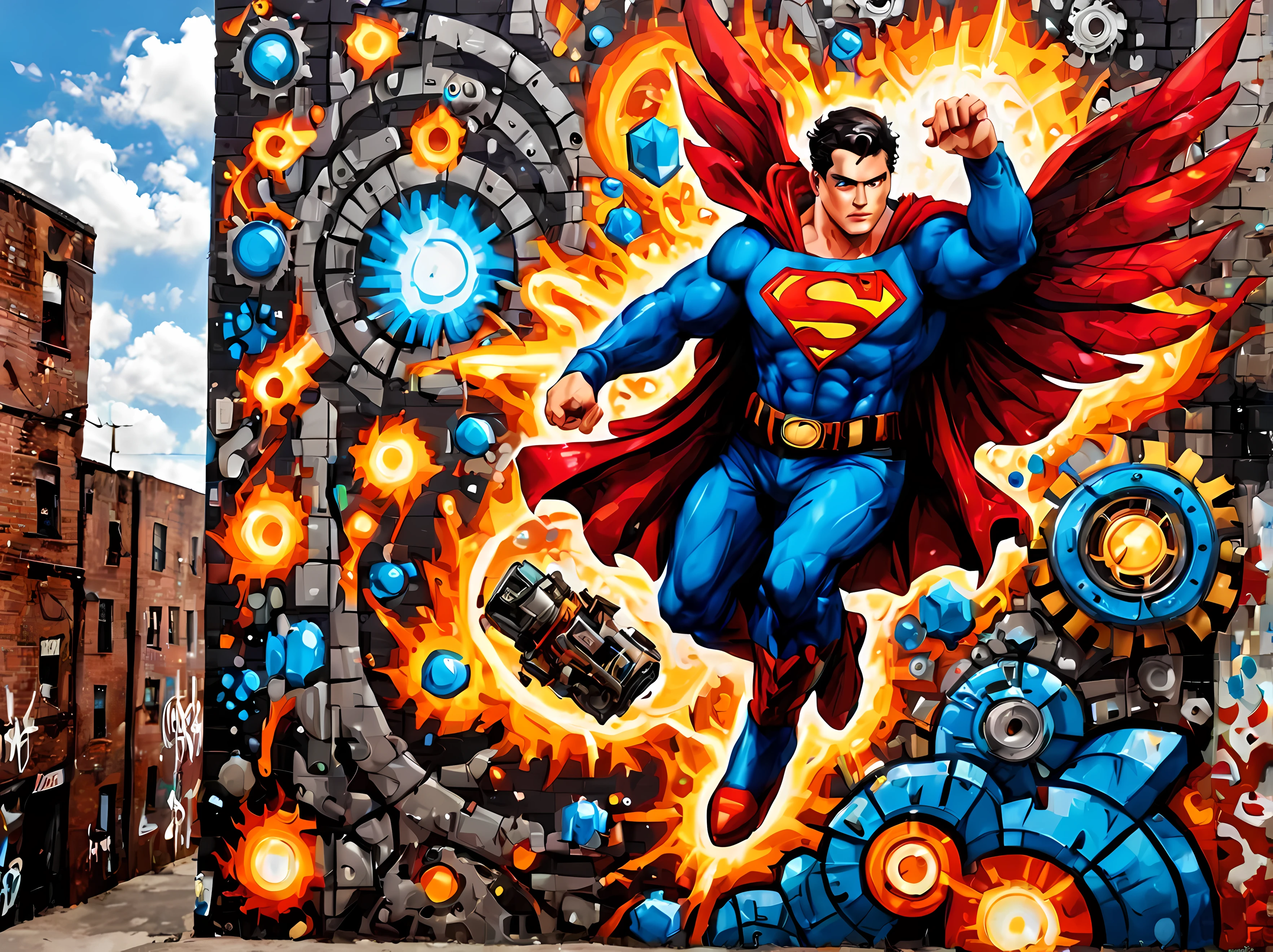 (pixel art:1.4), made of elemental_graffiti, design a mesmerizing ((((wall graffiti)))) featuring heroic Superman in a dynamic pose soaring through the skyline of a (futuristic) city, (steampunk fantasy style:1.3), gears, steam, whimsical machinery, bold and vibrant colors, cloudy, magic, clean nature environment, intricate details, symbols, abstract, realism, sharp focus, masterpiece in maximum 16K resolution, sharp details, elemental art, graffiti art. | ((More_Detail))
