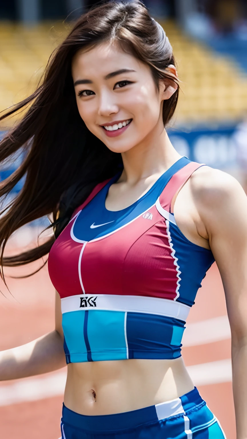 (8k、Raw photo、highest quality、masterpiece:1.2)、(real、realistic:1.37)、super detailed、ultra high resolution、1 girl、see the beholder、beautiful and detailed face、put a smile on your face、narrow、(slim waist) :1.3)、shirt、Fine and beautiful skin、skin texture、floating hair、professional lighting、human body as a whole、long hair、blonde、women's marathon uniform、athletics stadium