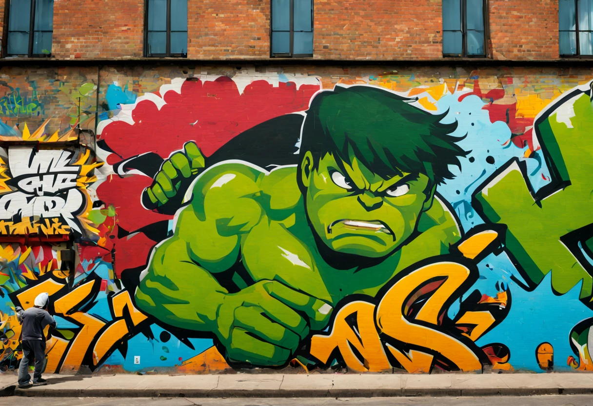 best quality, 4k, 8k, high resolution, masterpiece: 1.2), (ultra detailed incredible hulk graffiti: 1.32), realistic and creative, comic style, contrasting color tones, sandy texture, urban background, bright and vibrant colors, cultural street art, expert brushwork, expressive characters, dynamic action scenes, pop art influence, graffiti lettering, labeling, comic book heroes, vivid graffiti characters, strong contours and shadows, graffiti artist signature, cityscape, cans of spray graffiti, abundance of details, interactive storytelling, visual storytelling techniques, playful and energetic composition, perspective distortion, celebration of graffiti culture, colorful graffiti tags, richly textured walls, bold and eye-catching designs, elements in layers and overlays, cityscape, comic speech bubbles, street art movement, graffiti characters coming to life, tagging on brick walls, decaying urban environment, graffiti as a form of self-expression, personal style of the graffiti artist, graffiti art as reflection of society, city life in the background, graffiti art revolution, graffiti as an urban art form.