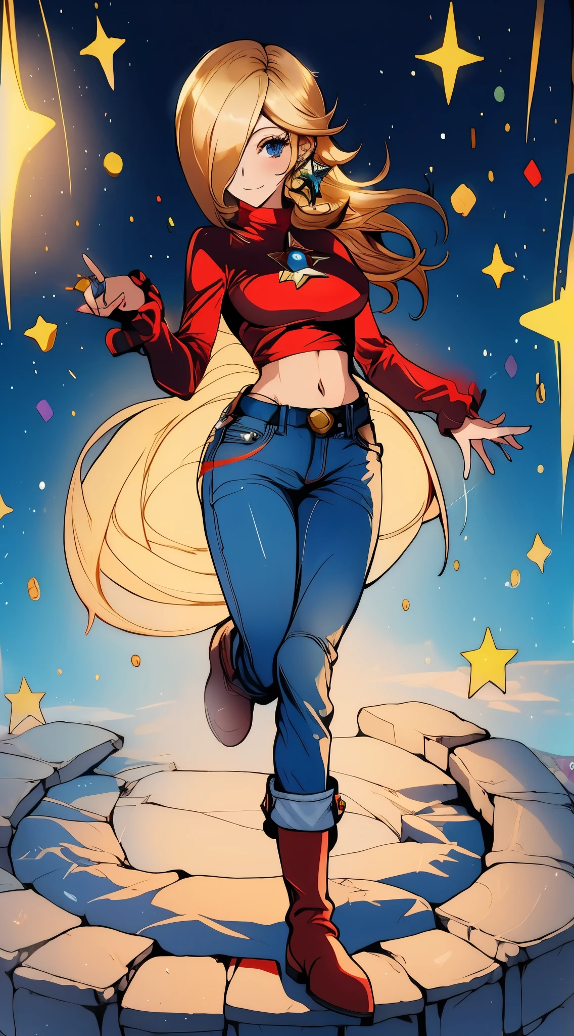 Rosalina, red top, jeans, boots, fingerless gloves, gorgeous face, better makeup, better hands