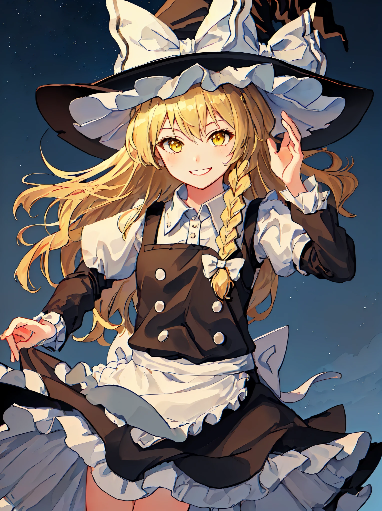 (masterpiece:1.2), best quality, highres, original, (extremely detailed:1.2), ultra-detailed, wallpaper, perfect lighting,(extremely detailed CG:1.2), 8k, anime illustration, 1girl, solo, Touhou Project, kirisame_marisa_touhou, Marisa Kirisame, cute, (blonde_hair, long_hair, hat, witch_hat, bow, yellow_eyes, braid, single_braid, hat_bow, smile, hair_bow, white_bow, bangs, black_headwear, smiling, maid custom, anatomically correct:1.2), back-angle, from behind, outdoor, sunny, unity 4k