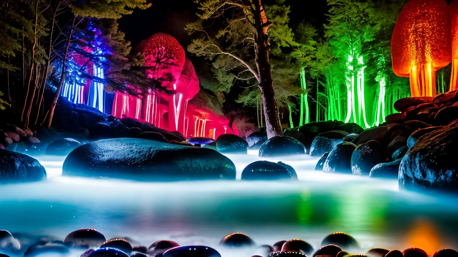 there are many lights on the rocks near the water, magical colors and atmosphere, magical landscape, glowing mushrooms, epic dreamlike fantasy landscape, giant fluorescent fungi, glowing blue mushrooms in mire, magical colors and atmosphere, impressive fantasy landscape, bioluminescent mushrooms, epic and stunning, magical environment, giant mushrooms, alien waterfall, glowing blue mushrooms