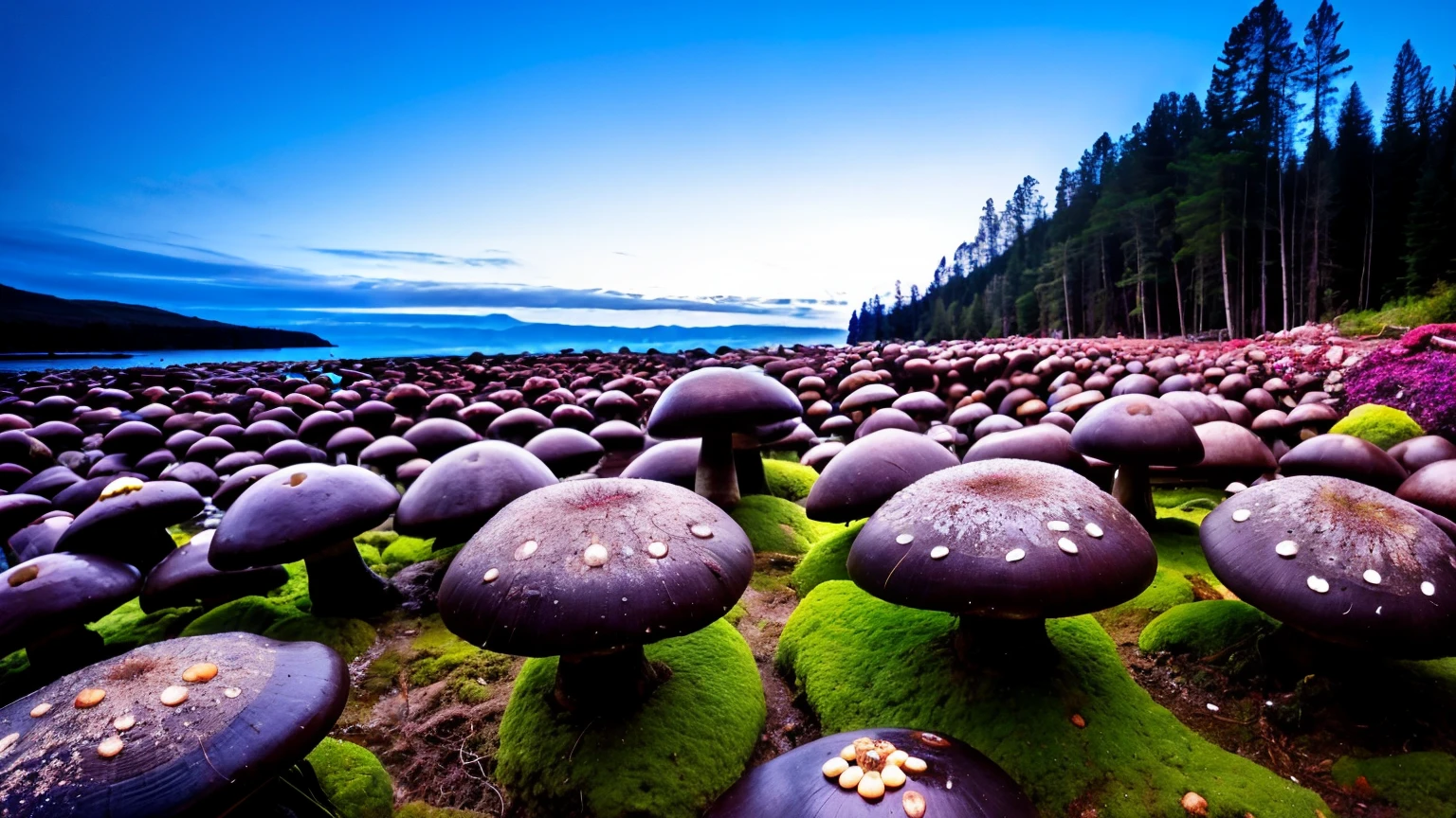 there are many lights on the rocks near the water, magical colors and atmosphere, magical landscape, glowing mushrooms, epic dreamlike fantasy landscape, giant fluorescent fungi, glowing blue mushrooms in mire, magical colors and atmosphere, impressive fantasy landscape, bioluminescent mushrooms, epic and stunning, magical environment, giant mushrooms, alien waterfall, glowing blue mushrooms