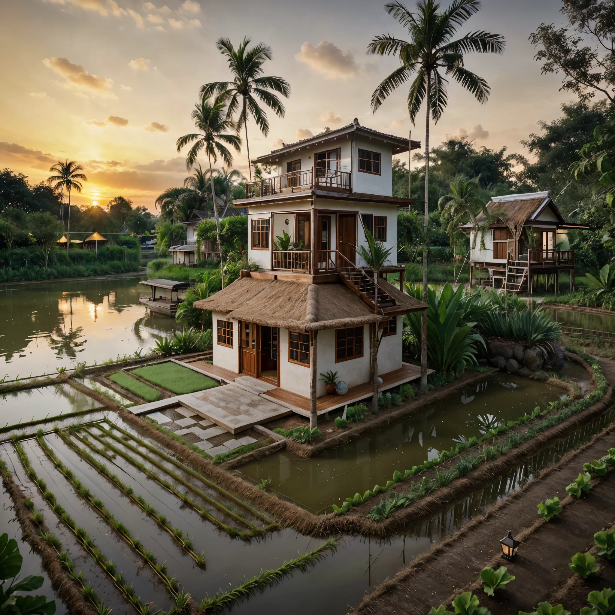 outdoortropicalhouse  little house  on riverside, garden, rice field, gold fish, coconut tree, dawn, chicken, tomato, tropical, dim light, 