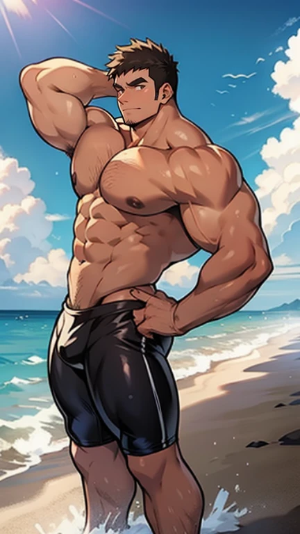 ((Anime style art)), (face detail:1.1),full body,virile face,sulking,muscular thighs,Extremely muscular male character, bodybuilder body, bulky muscles, bare chest, voluminous pecs, topless, shirtless,wears a tight swimsuit (metalic tiny thong),super shiny skin, detailed eyes,dark skin,shirtless,hyper muscle, 1 man, alone, beach, sunny day, beautiful day, sea, clouds. Anime main character, Nice image, Hard drive, 4k, Main character. Main character from the anime, 