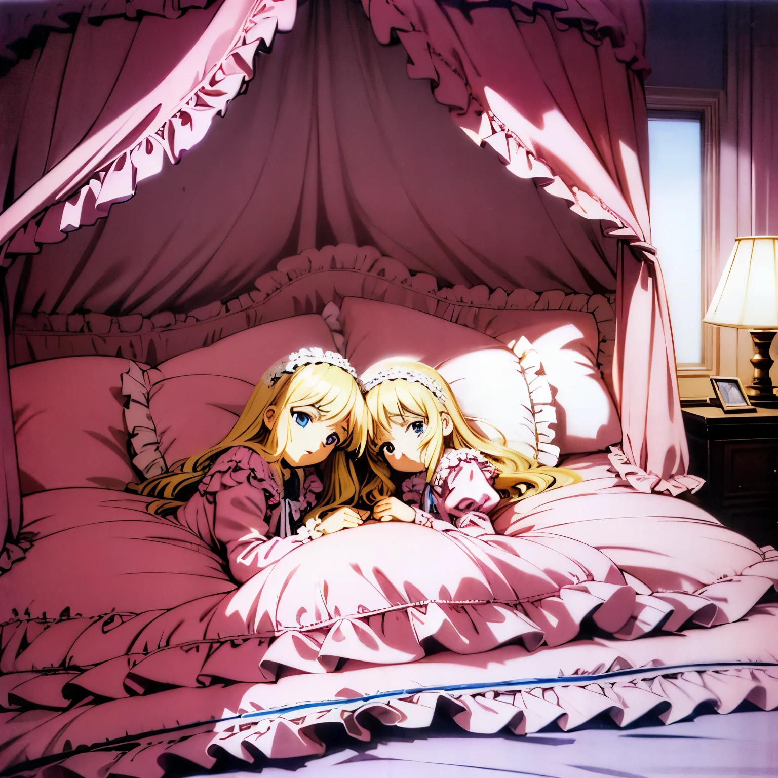 ,highest quality, masterpiece, highest resolution, artwork, super それにget used to it, many get used to it, get used to it, それにget used to it, 3K anime illustration,(( 10 year old girl)),Super detailed baby face,high quality small face,long blonde hair that grows to the waist,blue eyes,白い肌のeuropean,pajamas, european,(((super long blonde hair))),curly hair,blue eyes,((((ピンクのロリータファッションのlong skirtのワンピースドレス)))),((Pink dress with lots of frills and ribbons)),((Luxurious headdress with frills and ribbons)),detailed headdress,,(((big yoke collar))),Yoke collar with ruffles and ribbons,((((long sleeve)))),ruffle sleeves,((((long skirt)))),white ruffle and lace socks,large frill and ribbon pillow,(((Nice pink outfit))),豪華なcanopy bedの上,canopy bed,The bed is surrounded by luxurious curtains,many frilly pillows on the bed,Behind the girl are many pink frilly pillows,super detailed background,detailed bed,soft pink comforter,Highly detailed soft ruffle pillow,Beautiful girl illustration,detailed beautiful face,fine hair,detailed eye ,detailed eyes,detailed mouth, arm details,fine hands,Detailed pillow,wide bed,Illustration on the bed, ,((((round futon)))),((((A large ruffled futon that covers the entire bed)))),detailed comforter,detailed bedシーツ,Soft bed,Before bedtime,romantic atmosphere,palace bedroom,((((The lower half of the body is hidden under the puffy futon....)))) The girl is leaning on a pile of pillows, ,((((round futon)))),((((A large ruffled futon that covers the entire bed)))),
