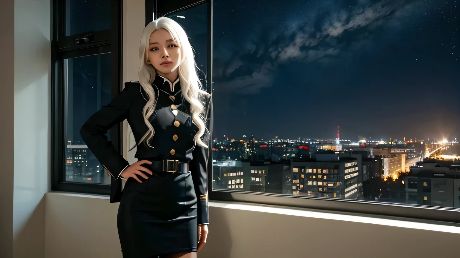 The girl in the office behind her has a window., at night, Highly detailed, military uniform, cosplay, black clothes color, hairขาว, hairยาวหยักศก, hairไหลช้า, soft light, at night, standing looking at the viewer, Friendly faces, marshal role cosplay, European-Asian nationality, lens flare, starry night, colorขาว_hair_color++++, pencil skirt