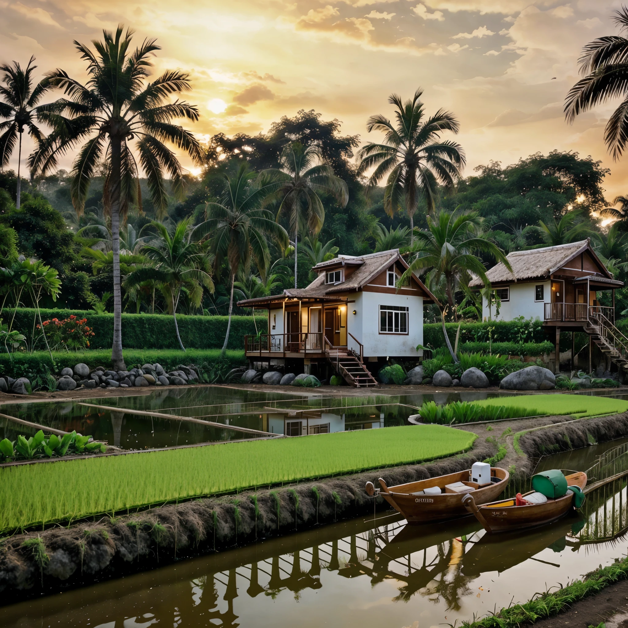 outdoortropicalhouse  little house  on riverside, garden, rice field, gold fish, coconut tree, dawn, chicken, tomato, tropical, dim light, 