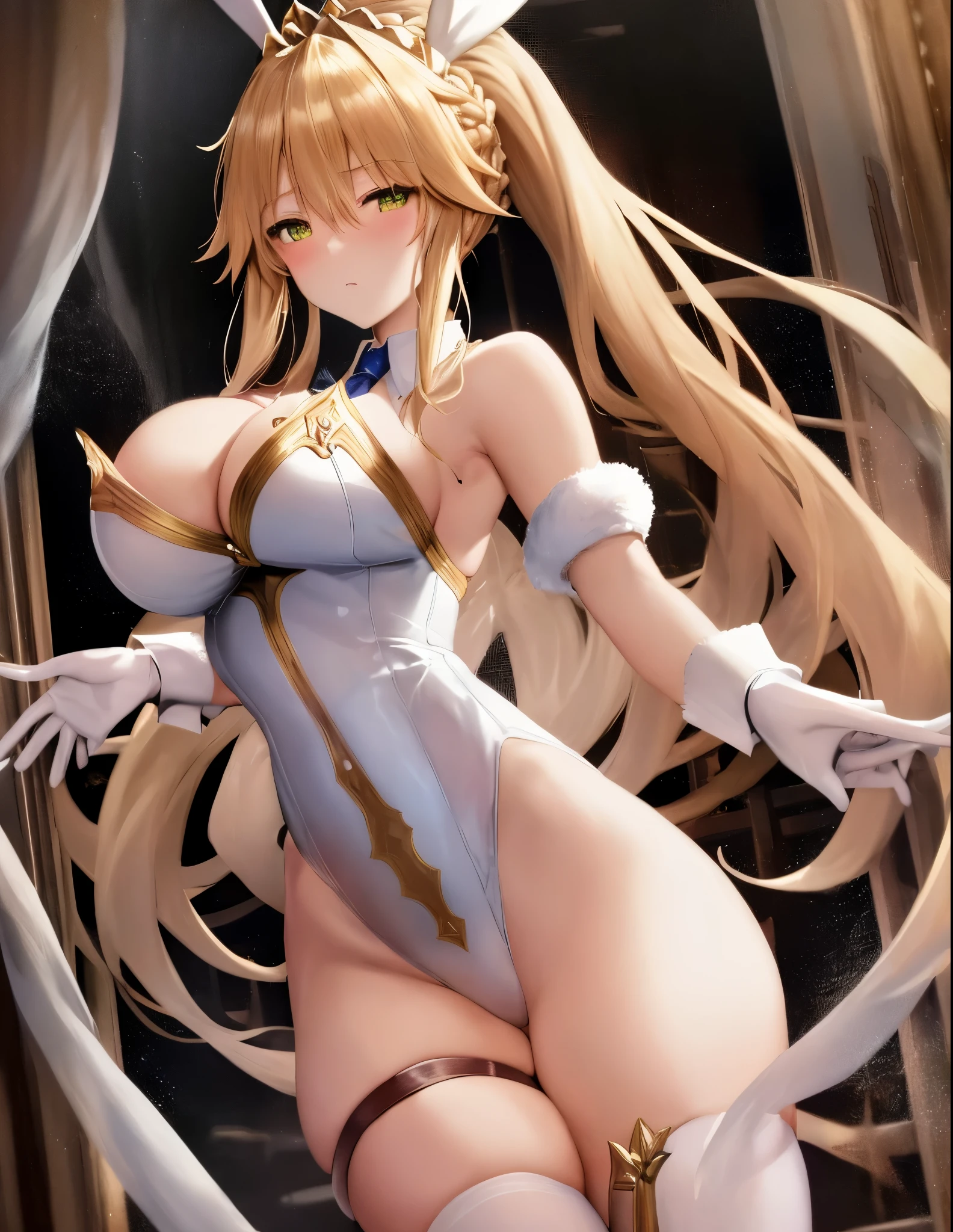 masterpiece, best quality, absurdres, soft lighting, looking at viewer, (light_smile:0.6),
1girl, ahoge, rabbit ears, playboy bunny, artoria pendragon \(swimsuit ruler\) \(fate\), large breasts , blonde hair, green eyes, french braid, pony tail
bare shoulders, large breasts , cleavage,
clothing cut out, wrist cuffs, detached collar, cutout, feather boa,
white leotard, blue necktie, blue pantyhose, single thigh strap, hands behind head,
white background,squat,(open_legs:1.3),rabbit_pose,armpits,solo,